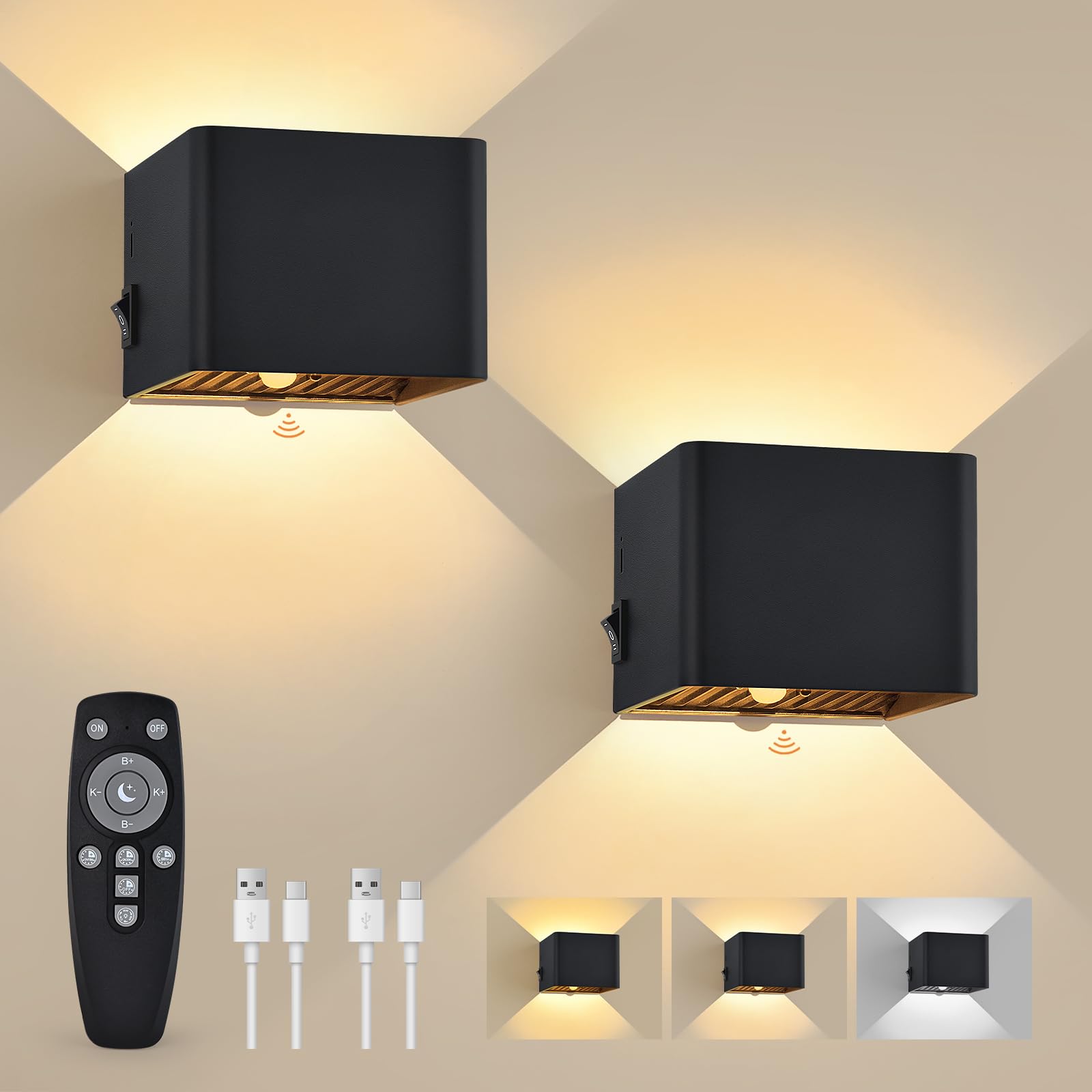 GeyouLux Akku-Wandleuchte 6000mAh mit Bewegungsmelder & Fernbedienung – 2er Set
