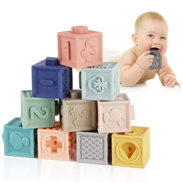 Mini Tudou Baby-Bausteine 12-teilig – Silikon-Stapelspielzeug mit Beissringen für ab 6 Monaten