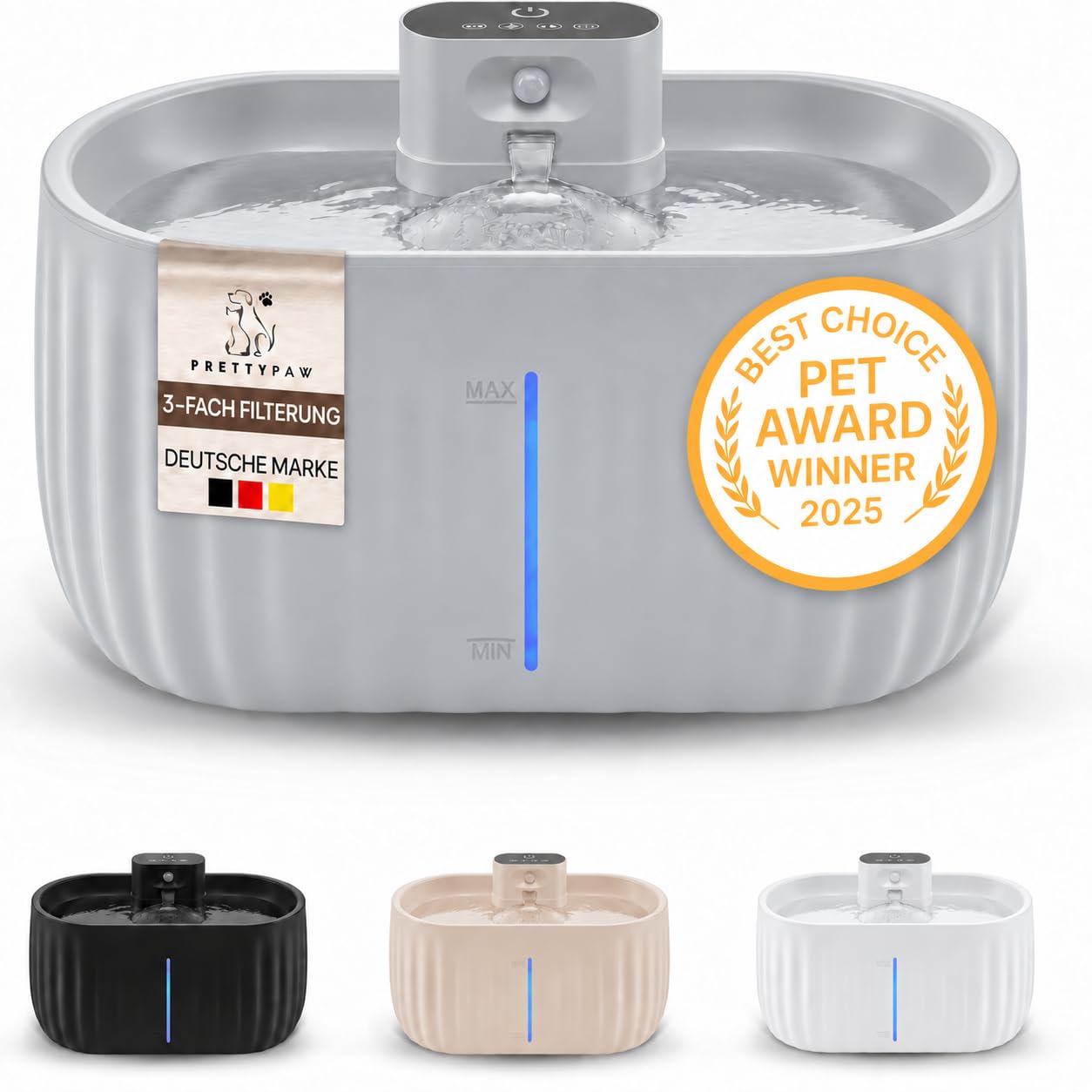 PRETTYPAW Katzenbrunnen Kabellos 3L mit Bewegungsmelder – Intelligenter Trinkbrunnen für Katzen