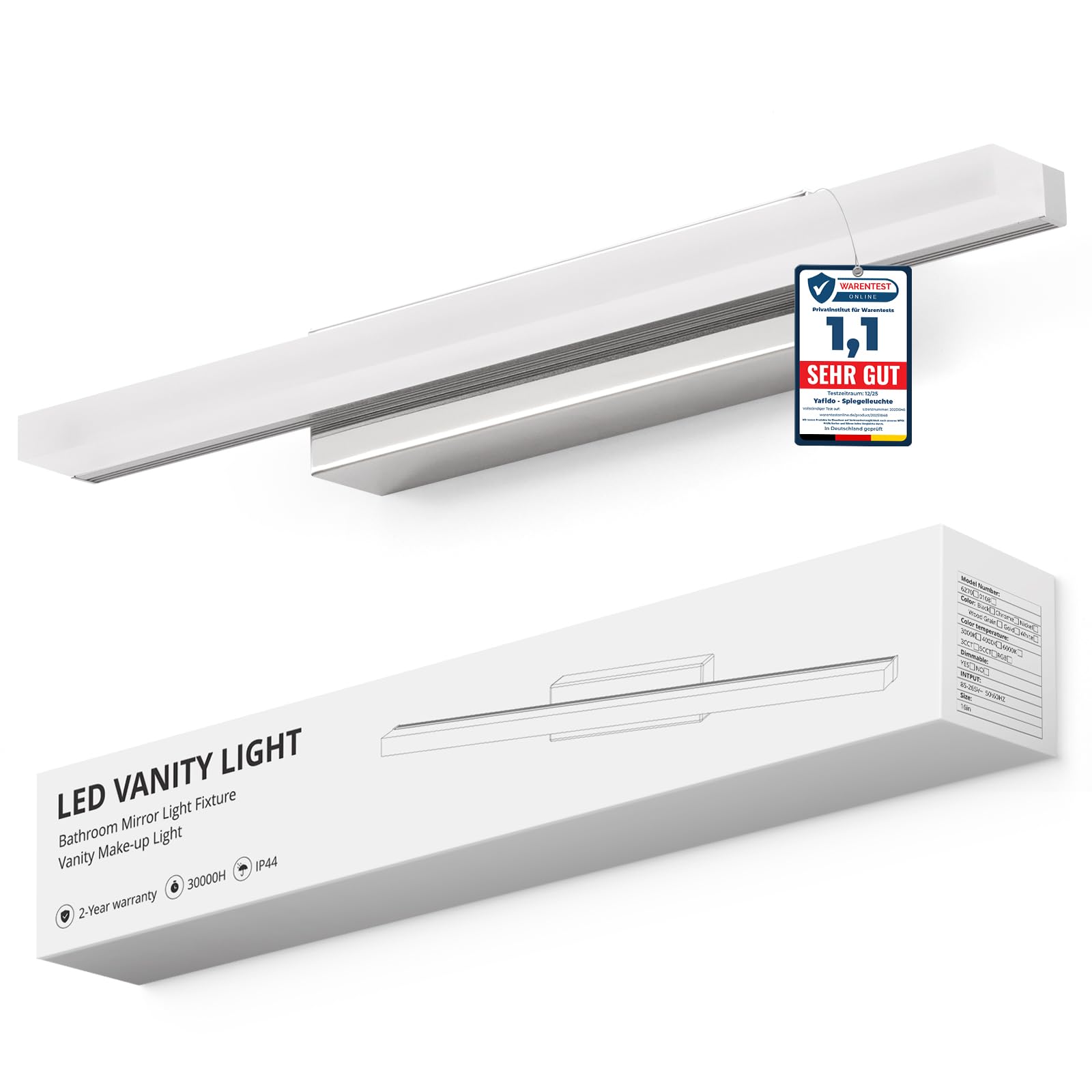 Yafido LED Spiegelleuchte 40cm Bad – 800 Lumen Naturweiss IP44 für Spiegelschrank