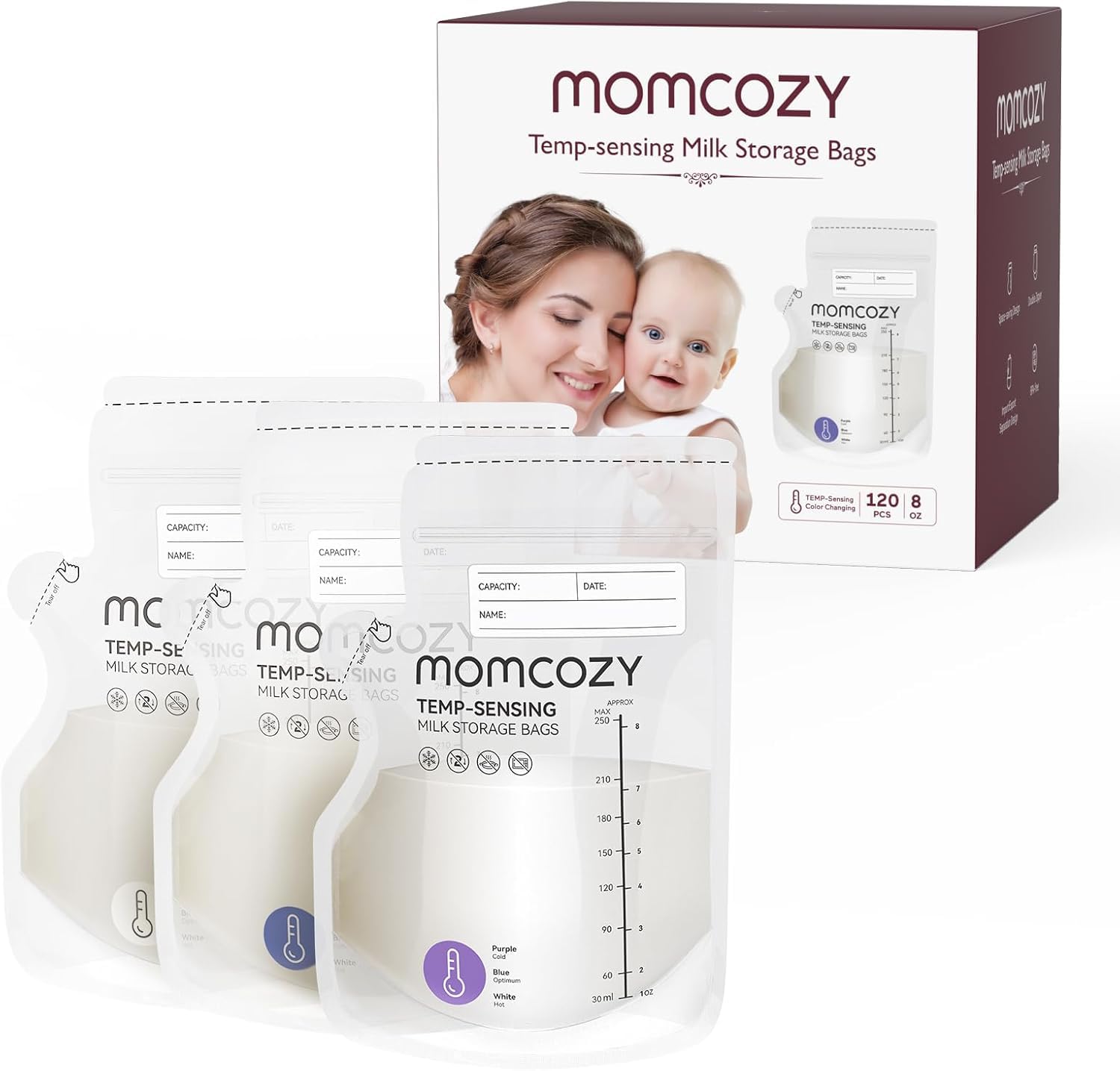 Momcozy Easy Pour Muttermilchbeutel 250 ml – 120 Stück mit Temperatur-Farbwechsel