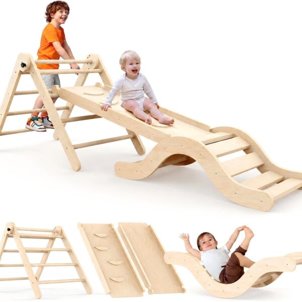 Puecrof 7-in-1 Montessori Klettergerüst aus Birkenholz mit Rutsche & Bogen für Kleinkinder