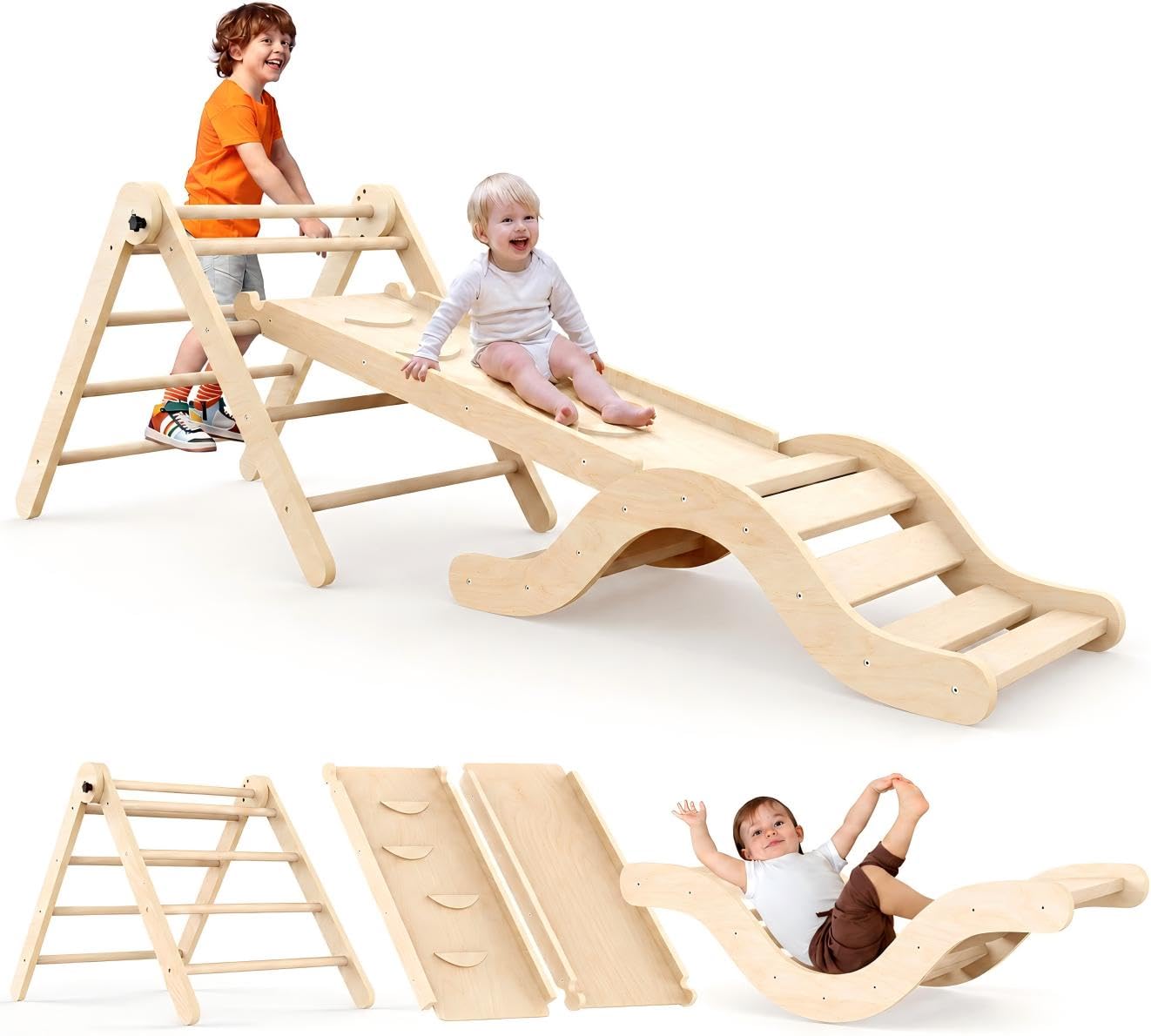 Puecrof 7-in-1 Montessori Klettergerüst aus Birkenholz mit Rutsche & Bogen für Kleinkinder