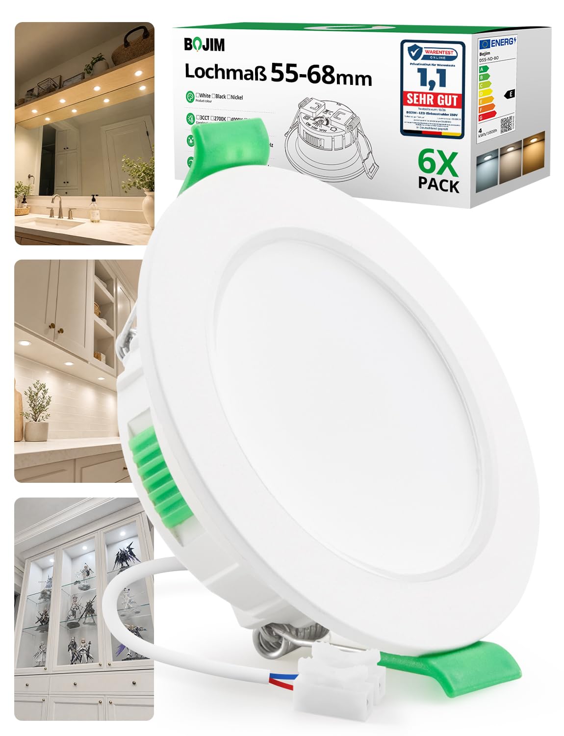 BOJIM LED Einbaustrahler 6er Set – 4W Deckenspots IP44 mit 3 Farbtemperaturen