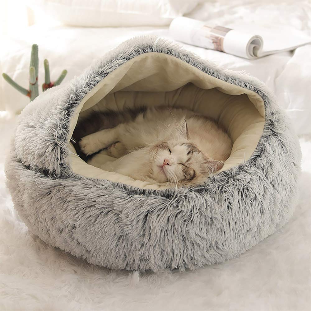 Fashionapple Katzenbett Höhle – Flauschiges Plüsch-Donut mit Kapuze für Katzen & Welpen