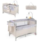 DREAMADE 4 in 1 Reisebett 120 x 60 cm mit Matratze – Beistellbett, Wickeltisch & Laufgitter ab Geburt