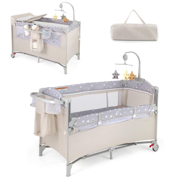 DREAMADE 4 in 1 Reisebett 120 x 60 cm mit Matratze – Beistellbett, Wickeltisch & Laufgitter ab Geburt