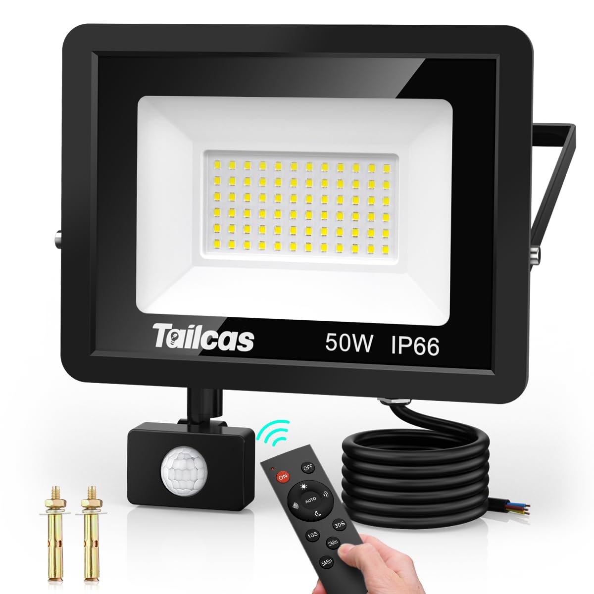 Tailcas 50W LED Strahler mit Bewegungsmelder & Fernbedienung – 4500 Lumen, IP66 wasserdicht
