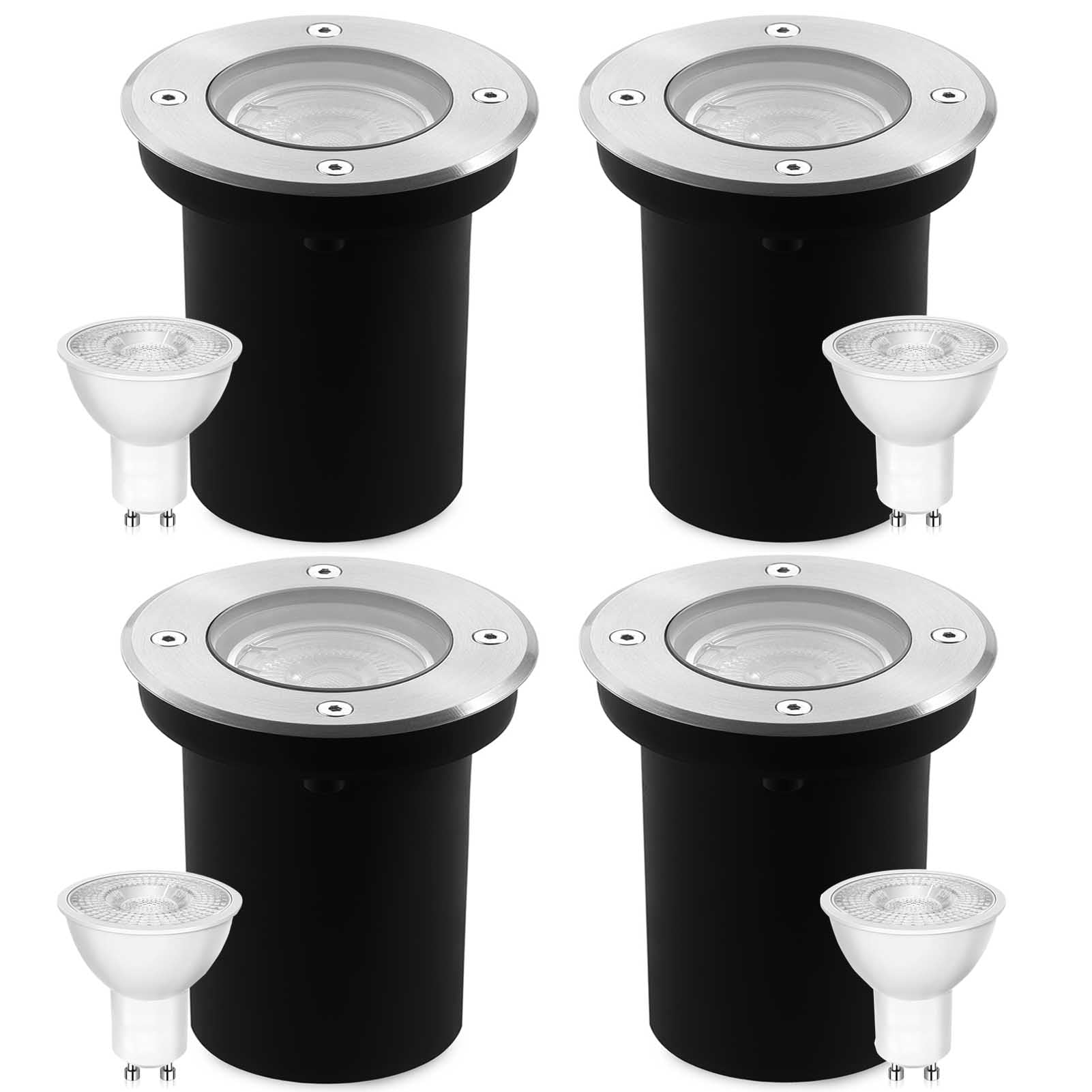 Goodia 4er Set Bodenstrahler Aussen GU10 230V IP67 – Schwenkbar mit Ersatzlinsen