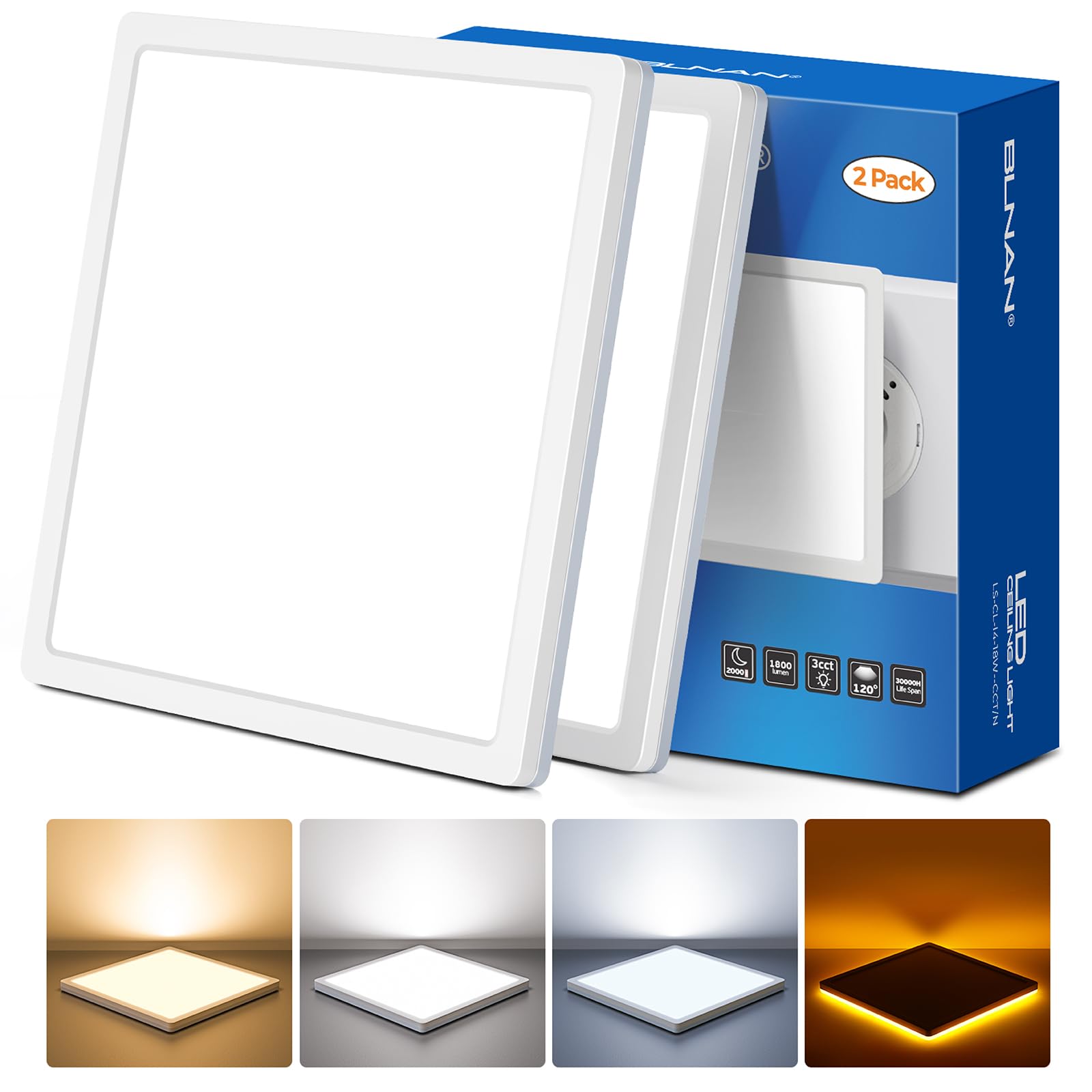 BLNAN 2er Set LED Deckenleuchte 18W mit Nachtlicht – Warmweiss für Schlafzimmer & Küche