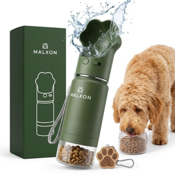 MALXON 3-in-1 Trinkflasche 300 ml – Wasserflasche, Futterbehälter & Trinknapf für Hunde