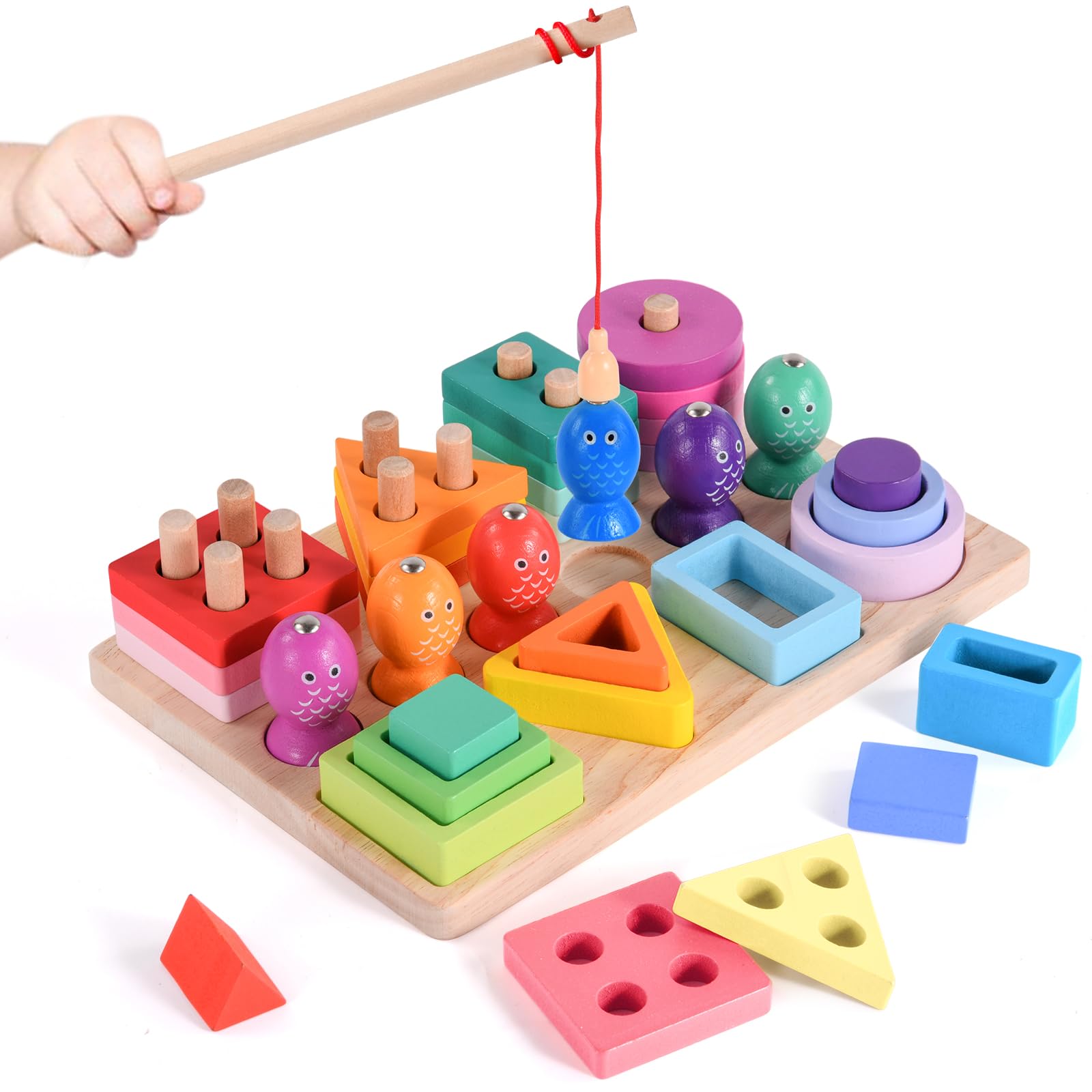 Hoiloie Montessori Holzspielzeug 3 in 1 – Stapel-, Form- und Angelspiel für Kinder ab 1 Jahr