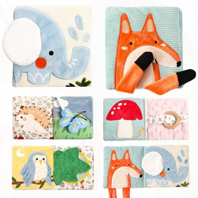 WOODEN TEETHER Babybuch Stoffbuch mit Spiegel – Interaktives Fühlbuch für Babys 0–6 Monate