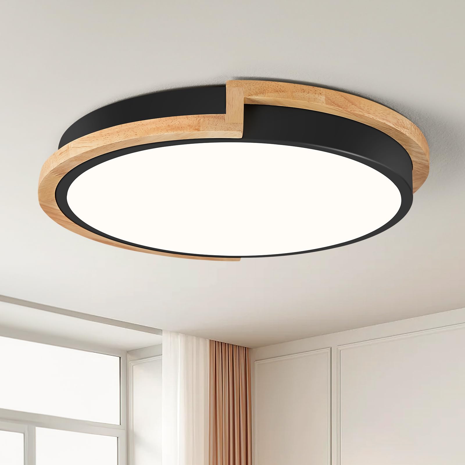 JZEKVN LED Deckenleuchte 30cm Schwarz mit Holz – 24W Deckenlampe 4000K für Wohnräume