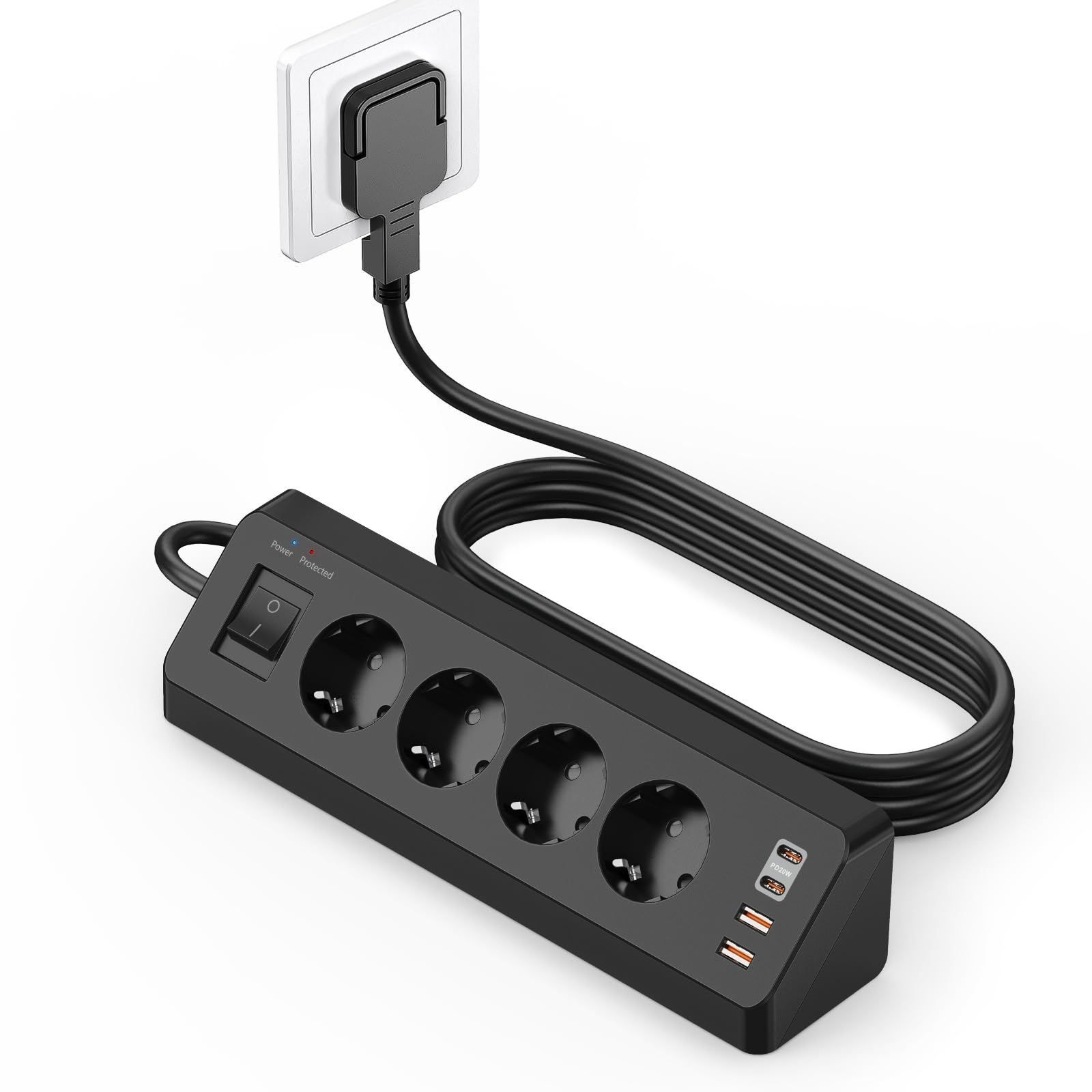 SUDEERY 4-Fach Ecksteckdose mit USB-C PD 20W & USB-A – Flachstecker 8 in 1 mit 2M Kabel