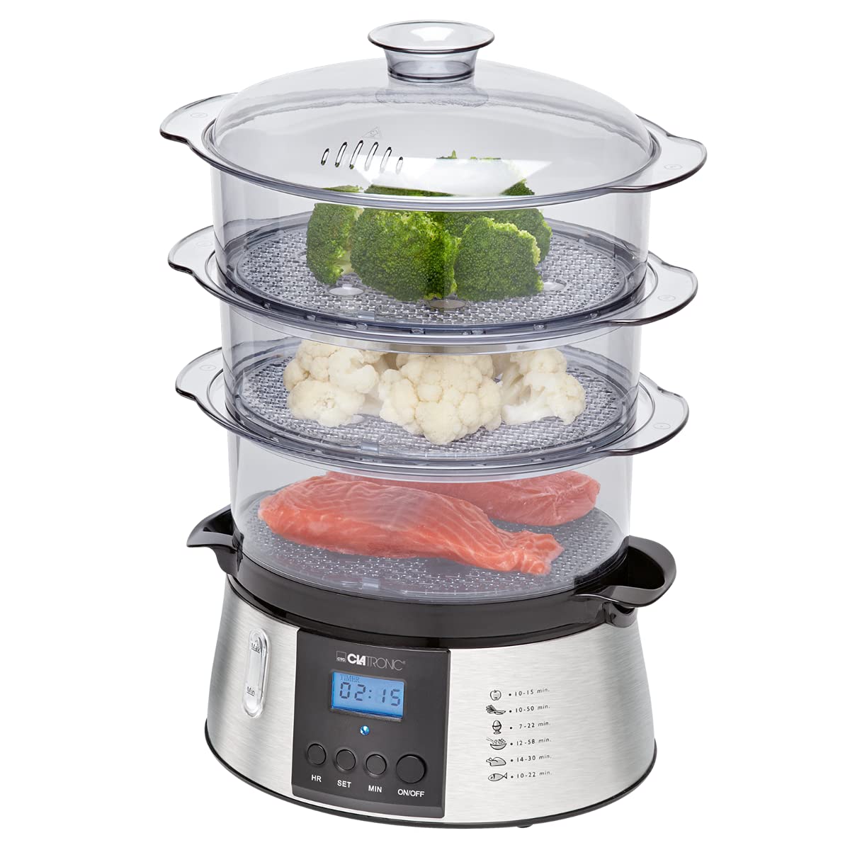 Clatronic DG 3547 Elektrischer Dampfgarer mit 3 Behältern – Vitaminerhaltendes Garen für Gemüse, Fleisch & Reis