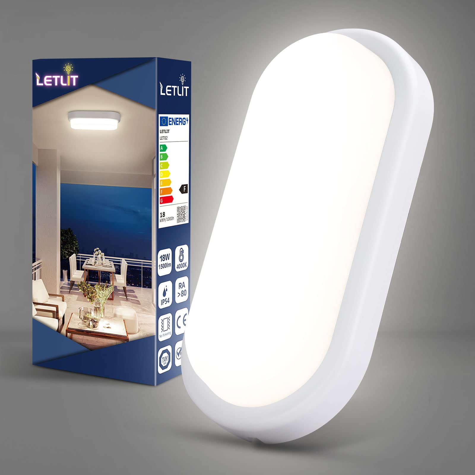 Letlit LED Kellerleuchte 18W 1500lm – IP54 Feuchtraumlampe Neutralweiss 4000K