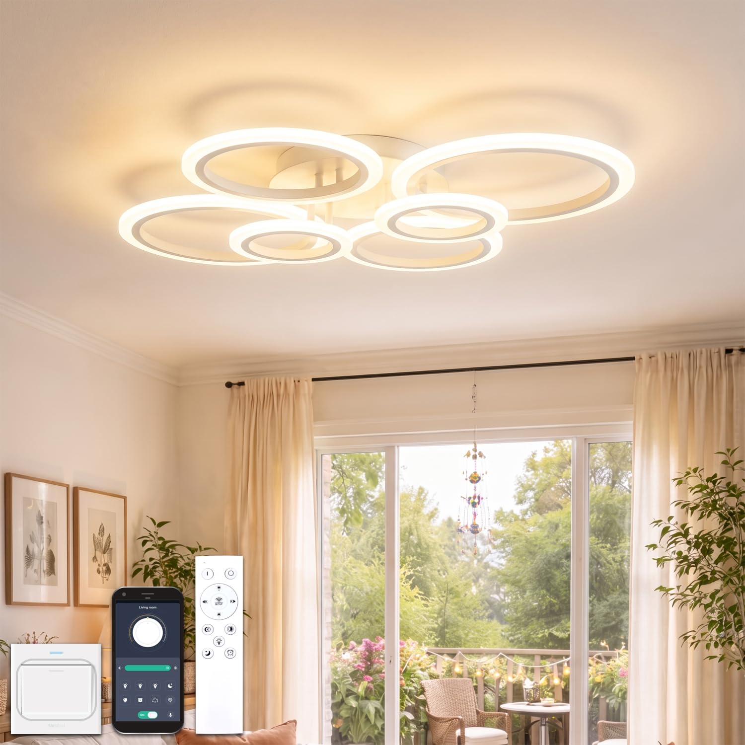 YOLEDY 6-Ring LED-Deckenleuchte mit Fernbedienung & App-Steuerung – Dimmbar für Wohnzimmer