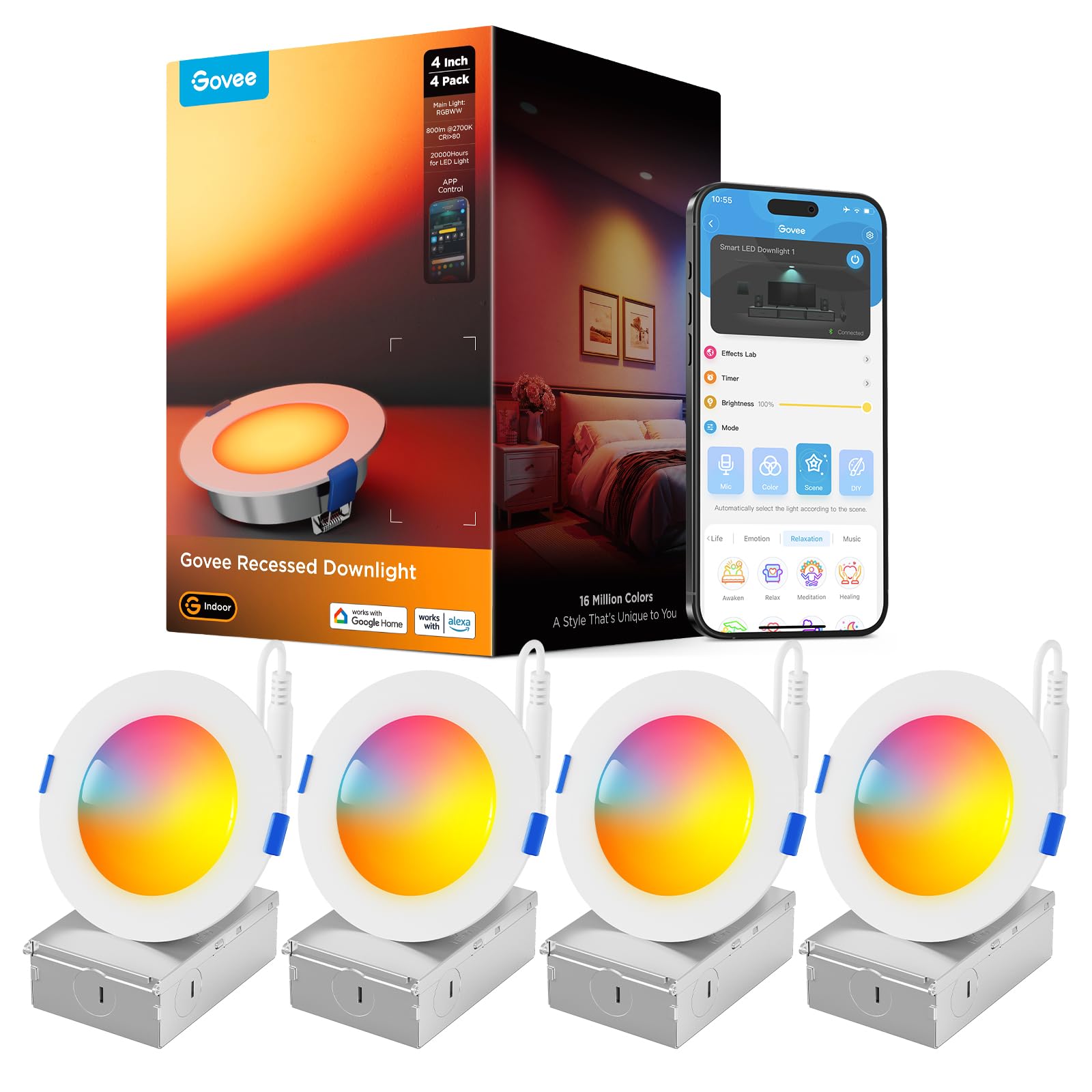 Govee RGBWW LED-Einbaustrahler 4er Set, 850lm, 2700K-6500K – Smart Deckenspots mit Matter & Alexa
