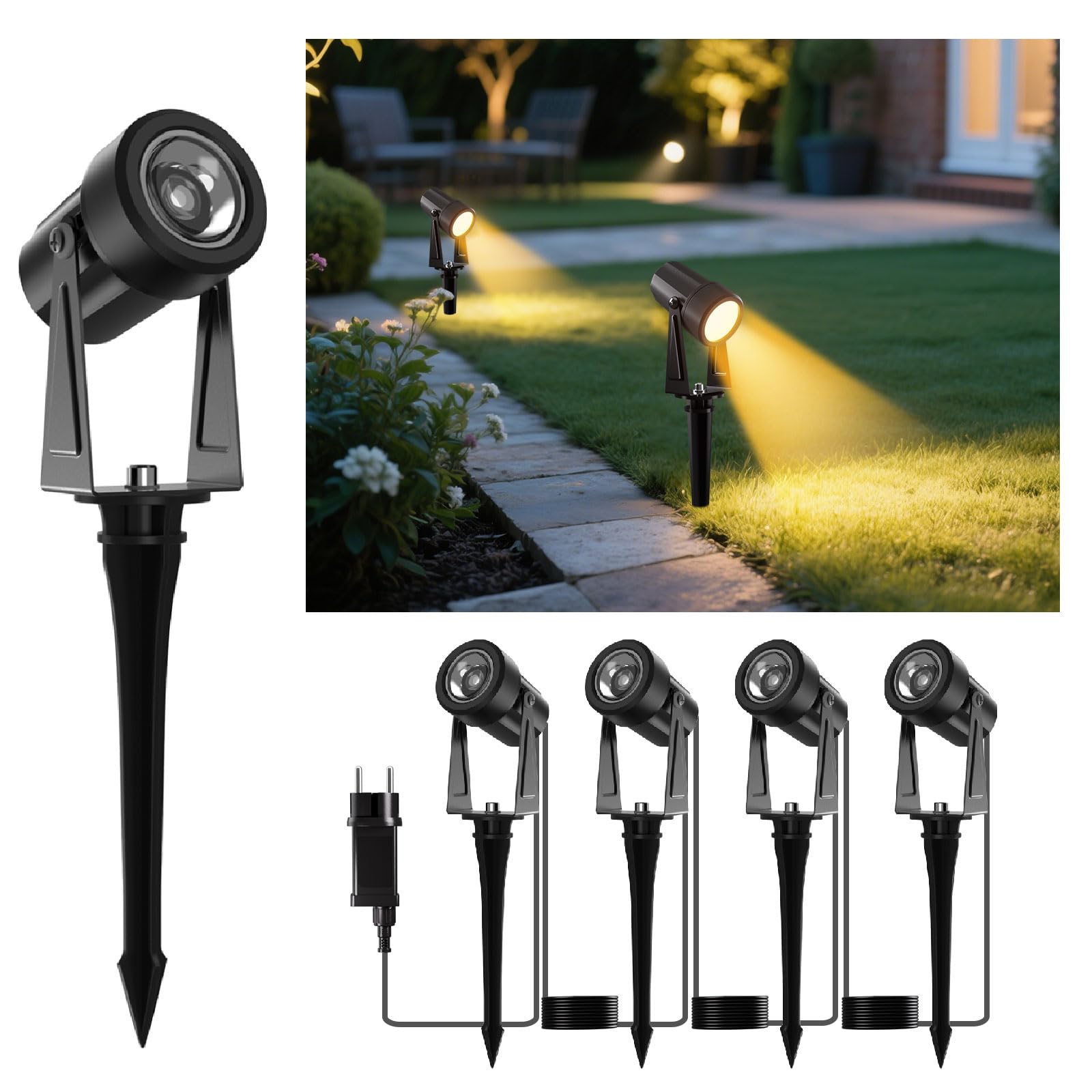 GLOBELIT LED Gartenstrahler 4er-Set 14M Kabel – 360° schwenkbar, IP65 wasserdicht, 3000K Warmweiss