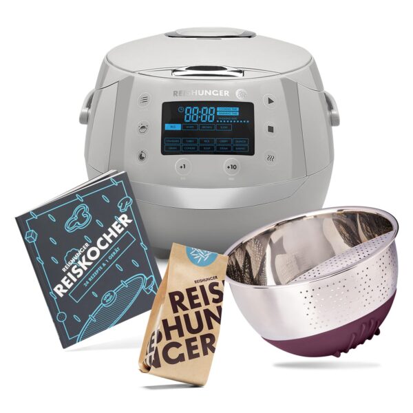Reishunger Digitaler Reiskocher Starter Set Grau – 12 Kochmodi mit Zubehör & 8 Reissorten