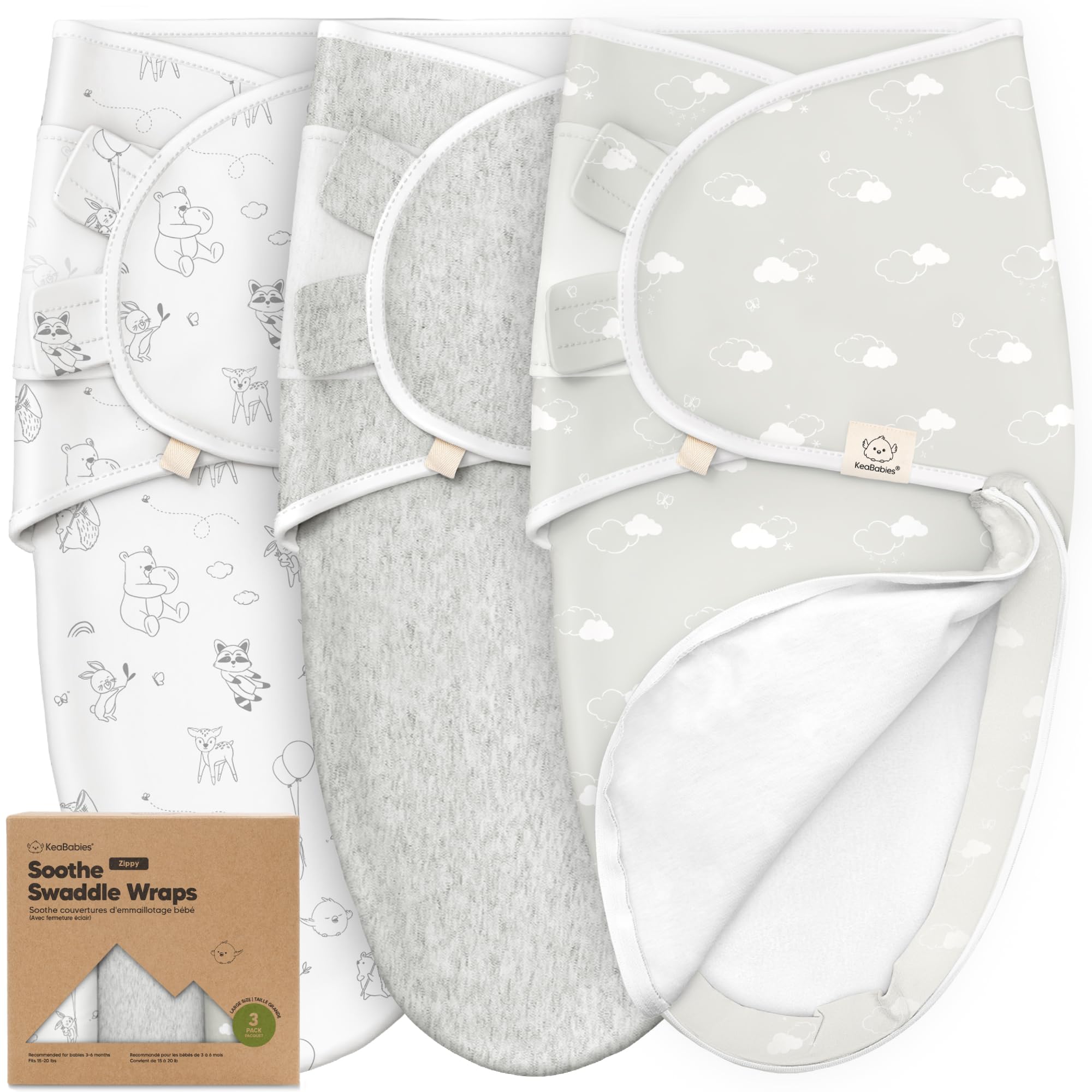 KeaBabies 3er-Pack Pucksack Baby 3-6 Monate mit Reissverschluss – Bio-Baumwolle Swaddle für sicheren Schlaf