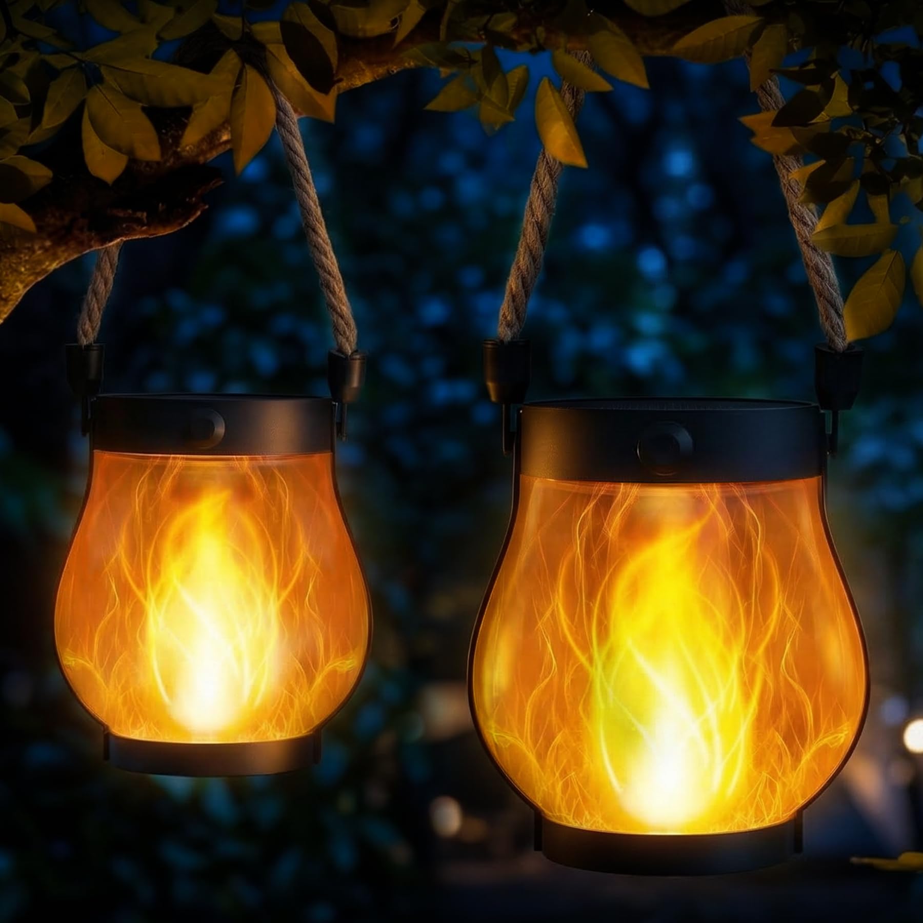 SLWOO Solar Laternen 2er Set – Realistische Flammeneffekte mit Hanfseil für Garten & Terrasse