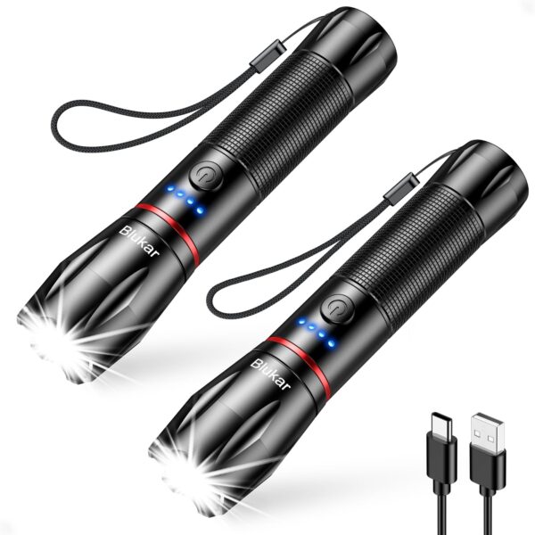 Blukar LED Taschenlampe Aufladbar 2er Set – 2000 Lumen Zoom Taschenlampe mit 5 Modi