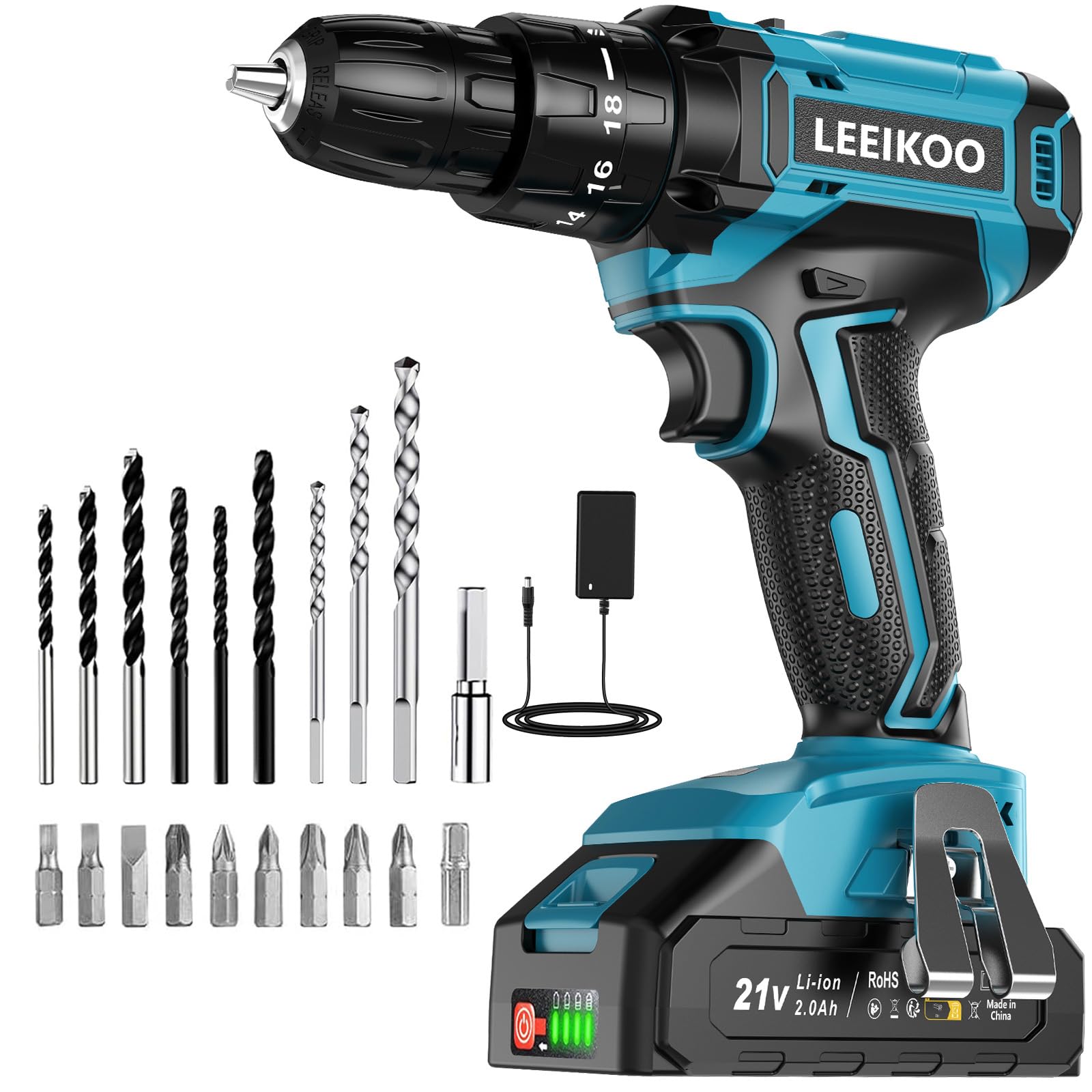 LEEIKOO Akkuschrauber 21V mit 2.0Ah Akku – 42Nm Bohrmaschine für DIY & Handwerk