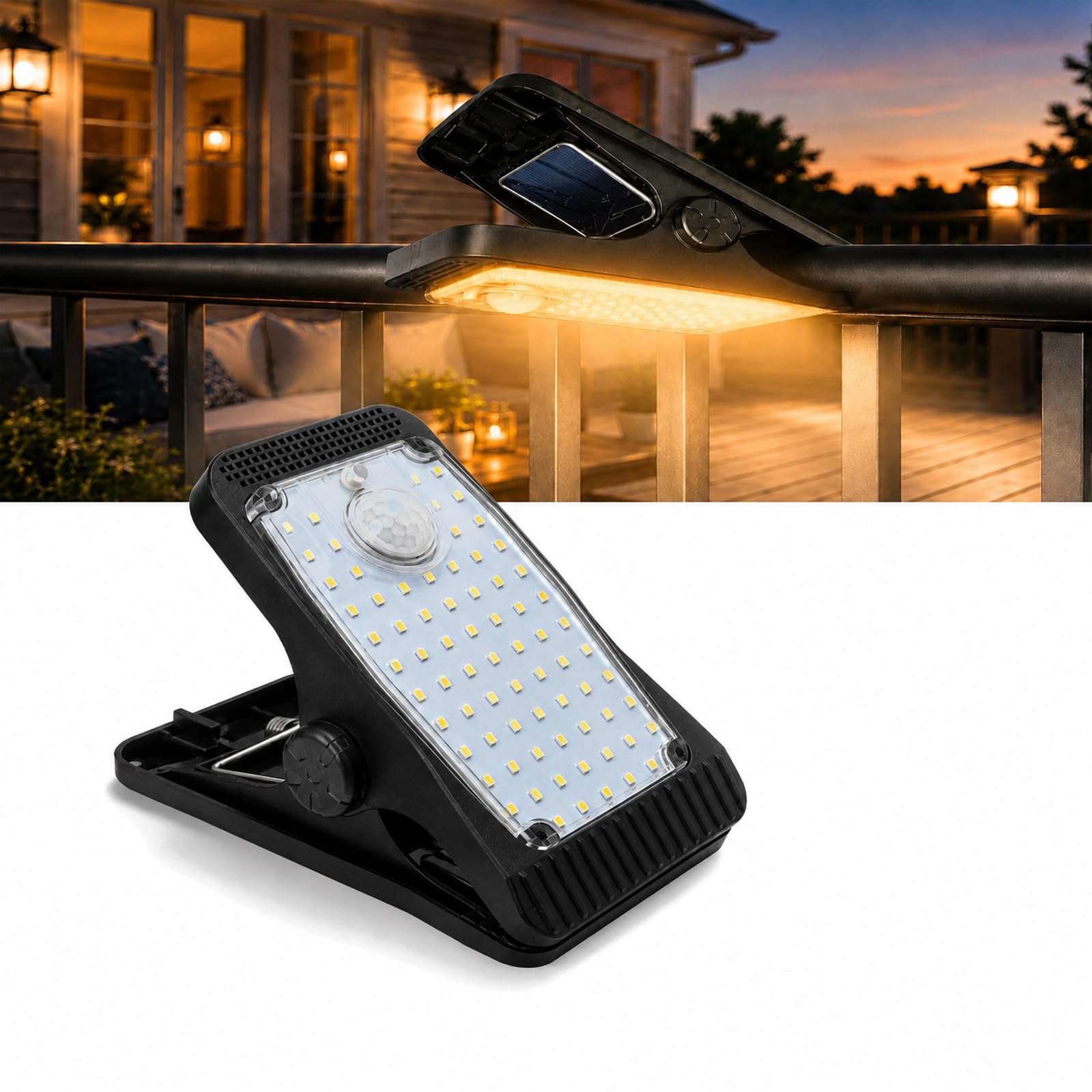 Hqynss Solar-Klemmleuchte Aussen mit Bewegungsmelder – 73 LED, 1000 Lumen, IP65 Wasserdicht