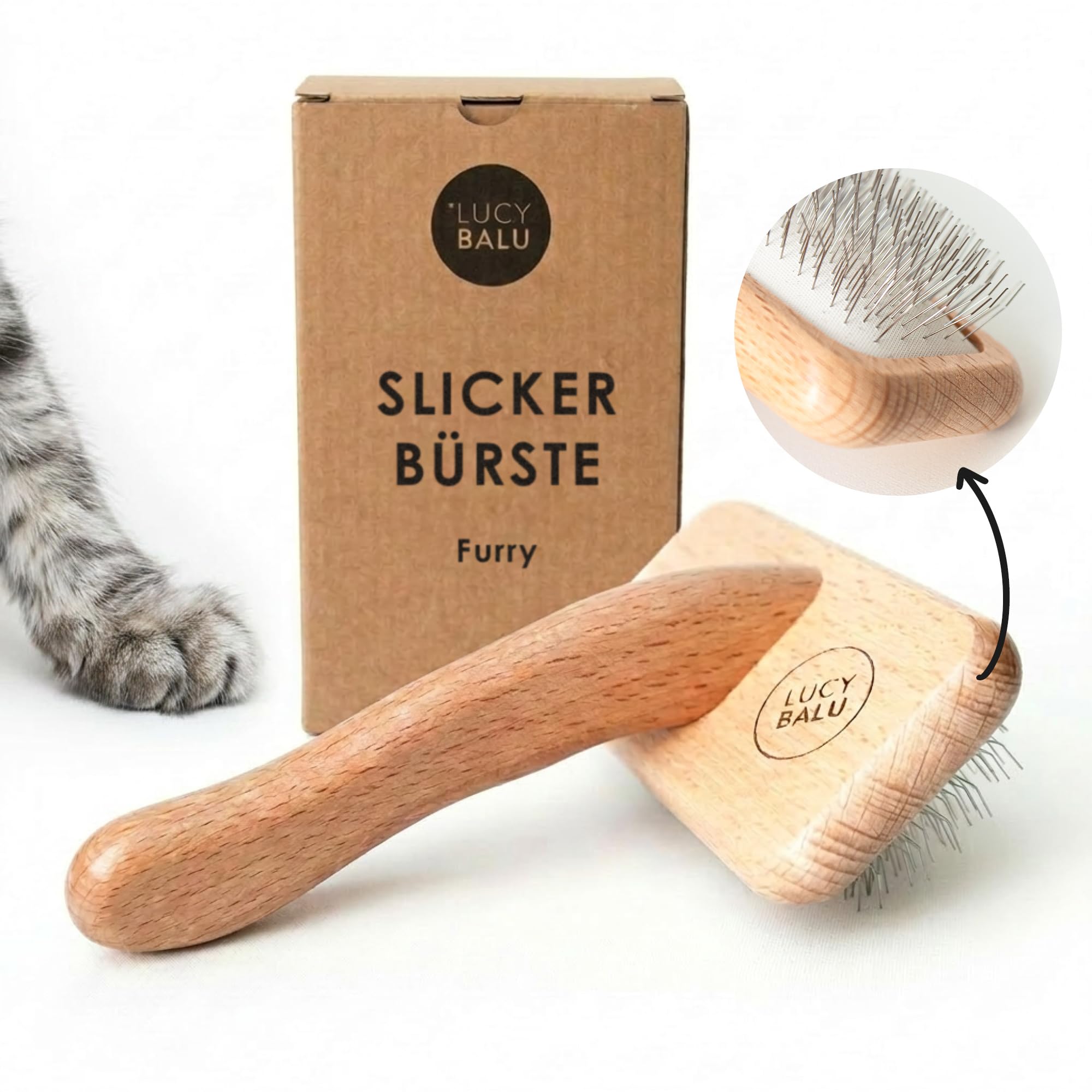 LucyBalu FURRY Slickerbürste – Katzenbürste mit Buchenholzgriff für optimale Fellpflege