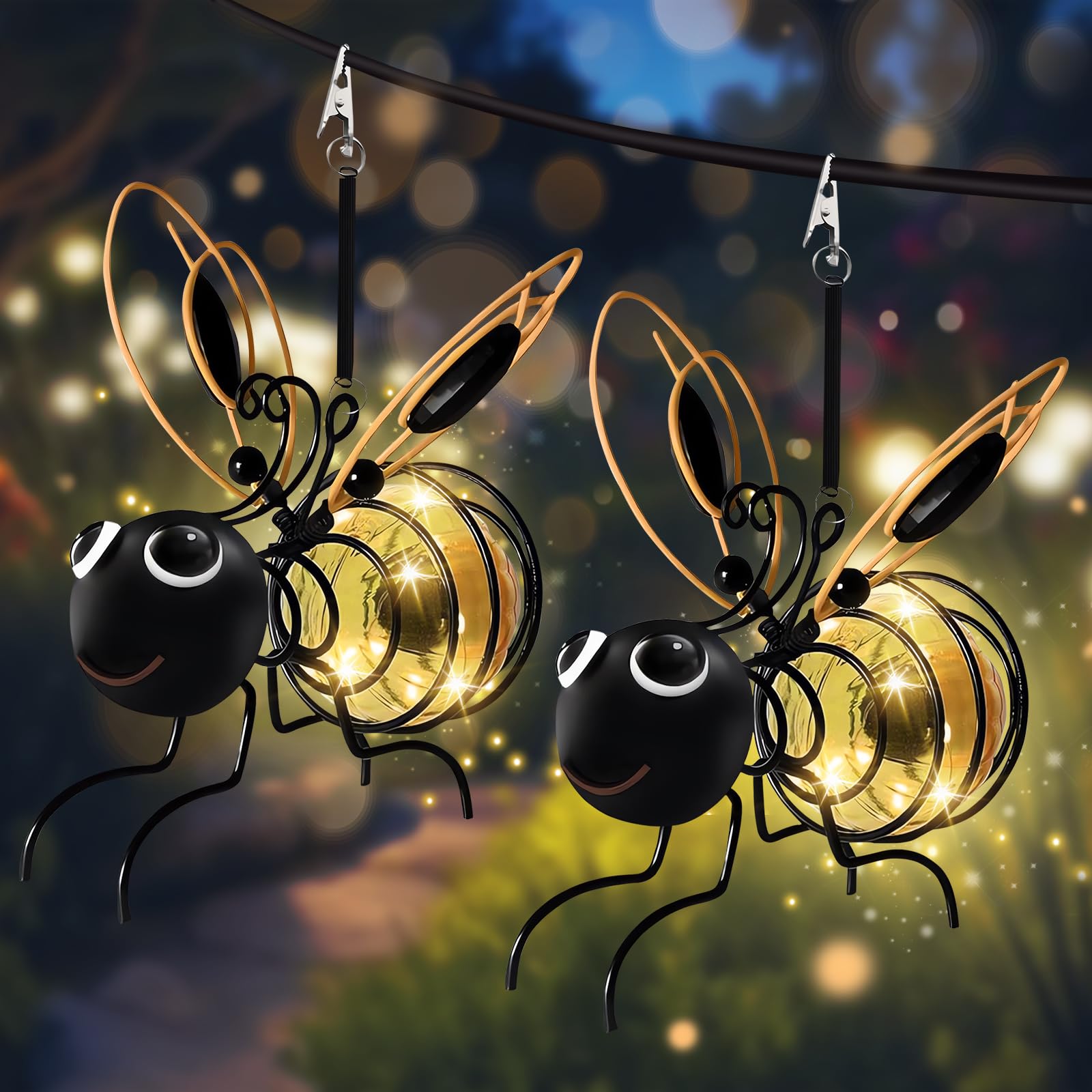 AKOFIC 2er-Pack Bienen-Solarleuchten – Hängende Gartendeko mit LED & Clip für Außen