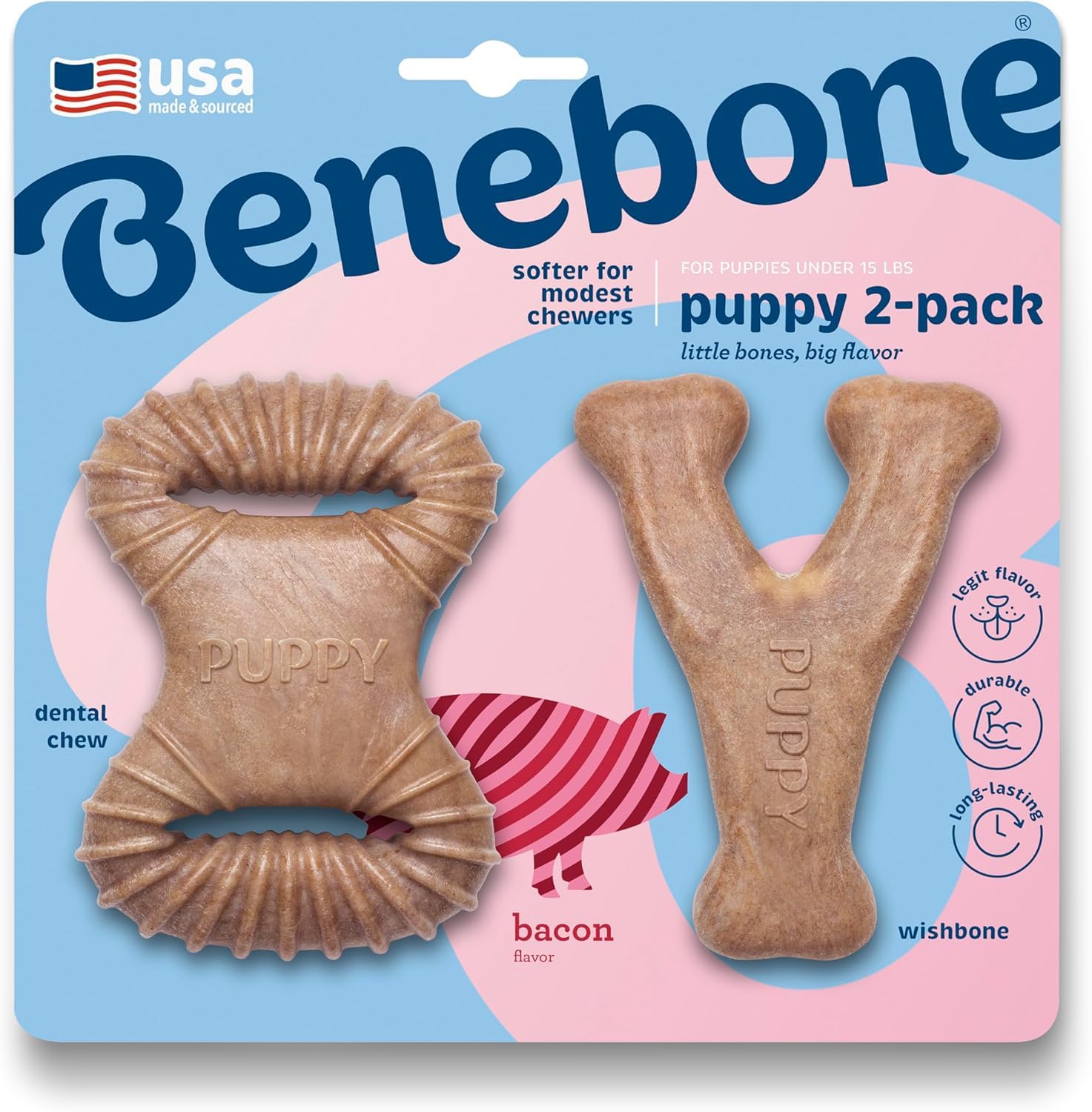 Benebone Welpen 2er-Pack Dental-Kauspielzeug mit echtem Speck – Zahnfreundlich für Welpen
