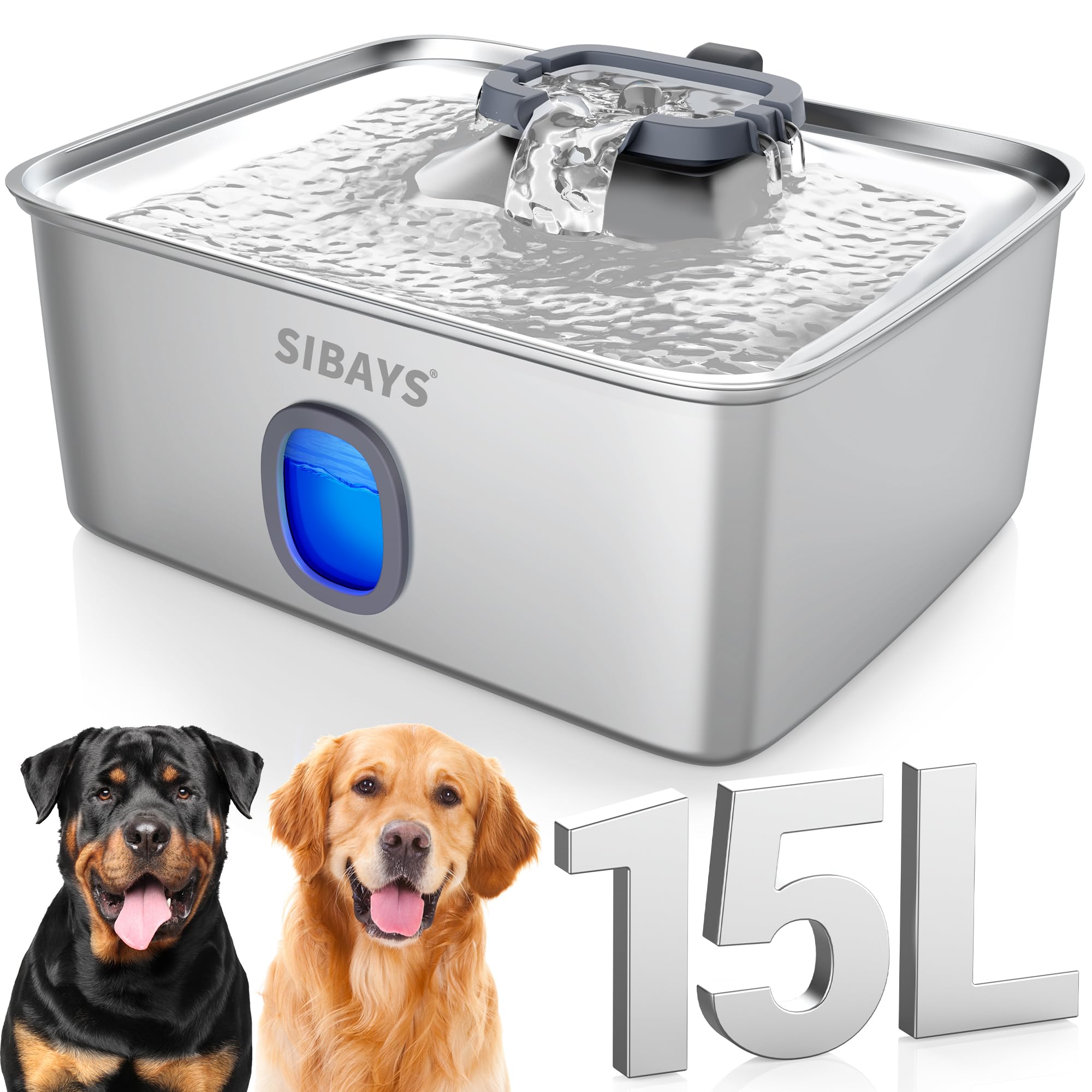 SIBAYS 15L Edelstahl Trinkbrunnen für Hunde & Katzen – Ultra-leise Wasserschale mit LED & 5-stufiger Filterung