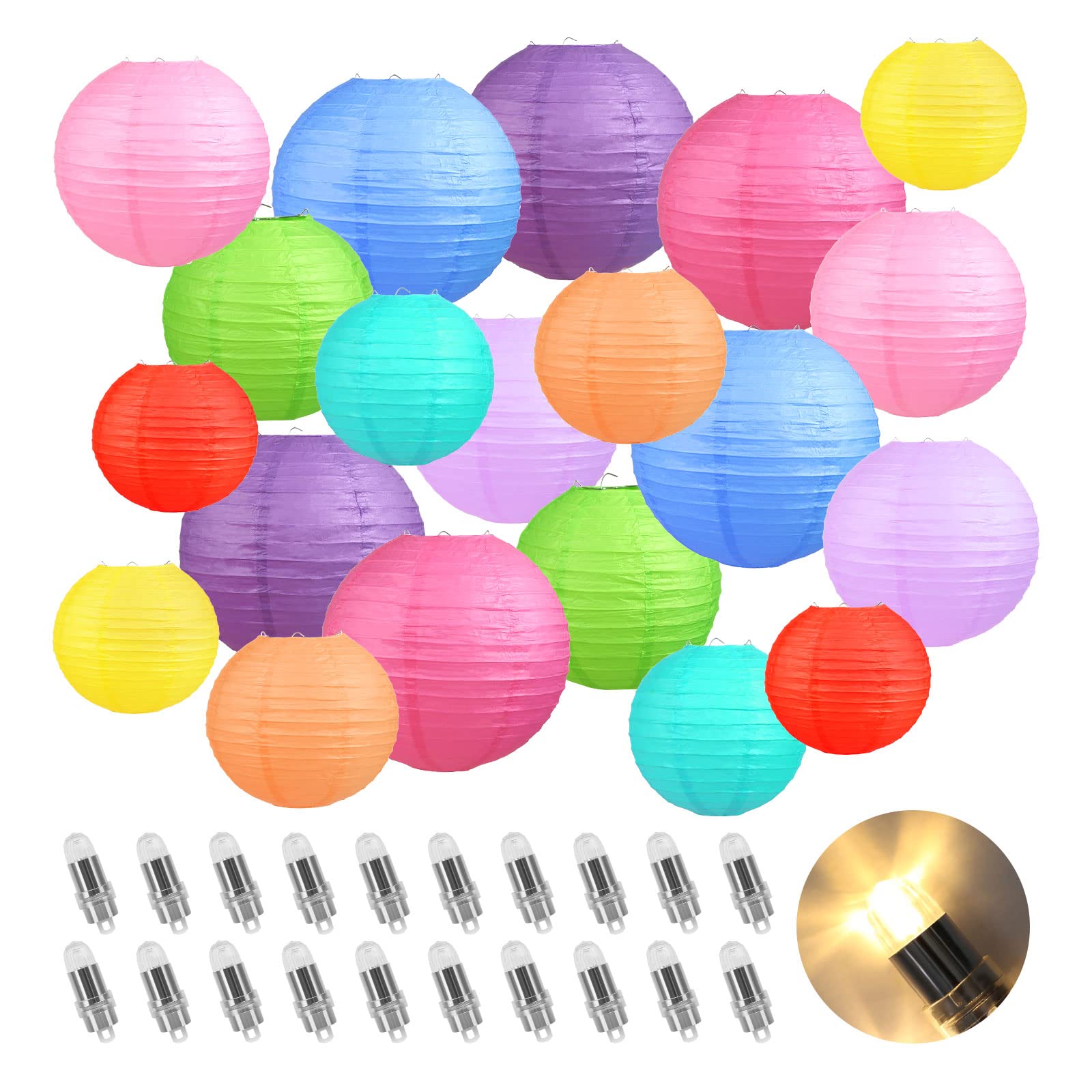 Encham 20er Set Bunte Papierlaternen mit Warmweiss Ballonlichtern – Deko für Party & Hochzeit