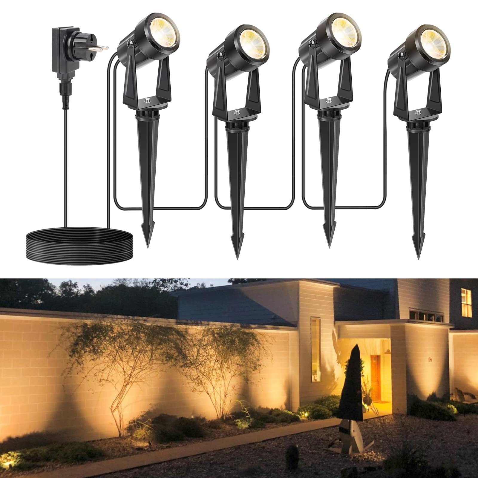 NIORSUN LED Gartenbeleuchtung 4er-Pack – Warmweiss 3000K IP67 Wasserdicht mit 17m Kabel