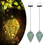 2er Set Solarlaterne Hängend Olivenform – Orientalische Gartenlampe mit Vintage-Muster IP65