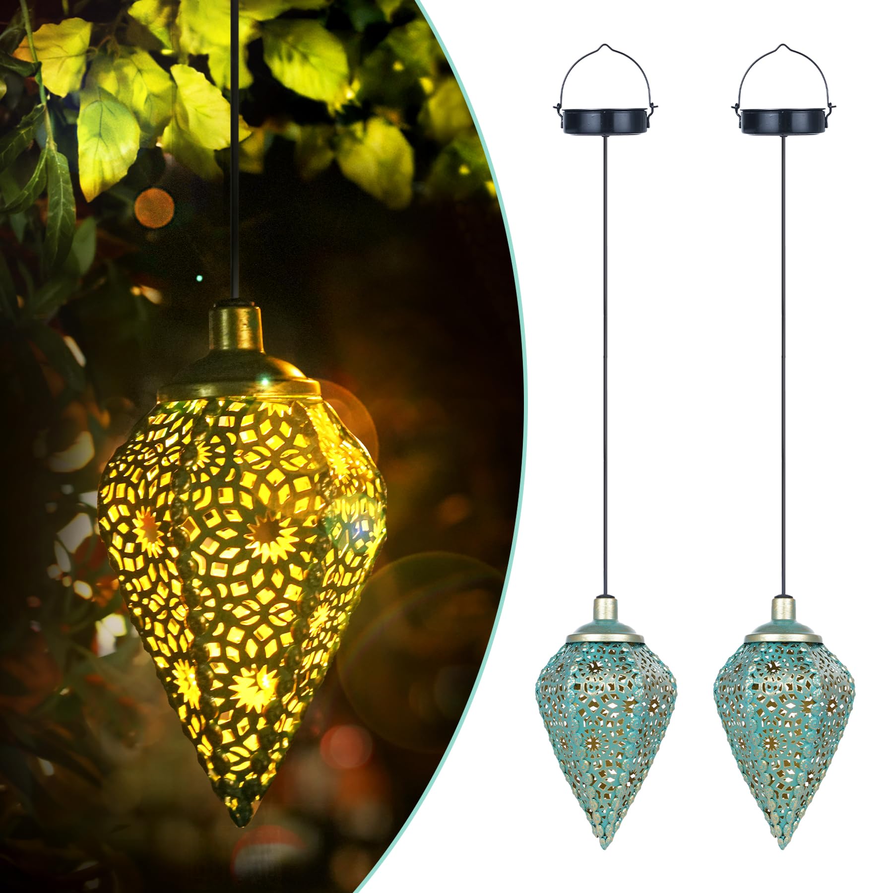 2er Set Solarlaterne Hängend Olivenform – Orientalische Gartenlampe mit Vintage-Muster IP65