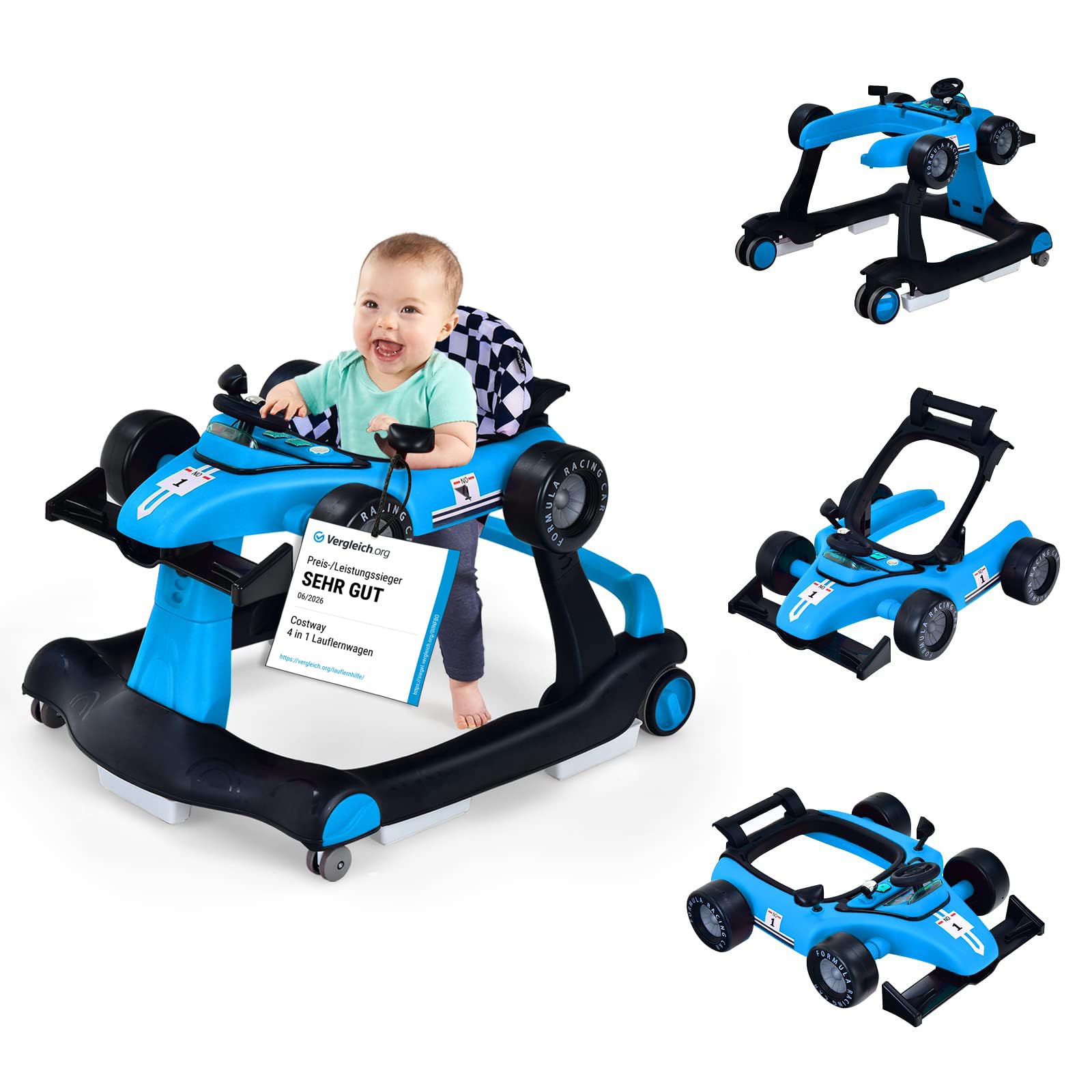 COSTWAY 4 in 1 Lauflernwagen Autofoermig – Höhenverstellbar mit Musik & Licht für Babys ab 6 Monaten