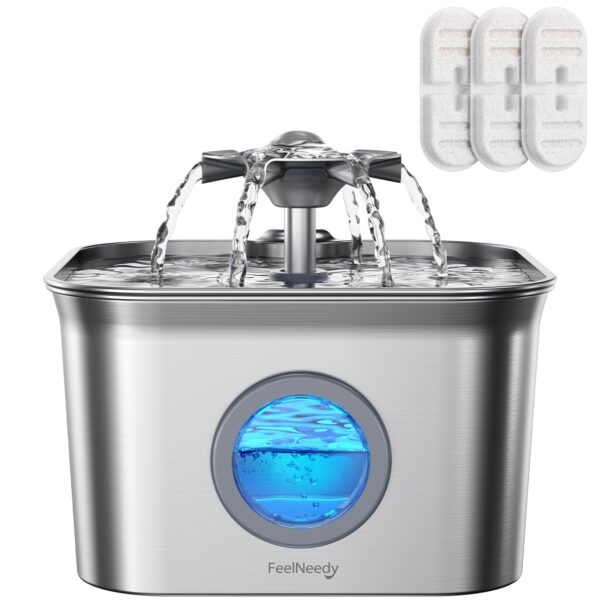 FEELNEEDY 2.8L Katzenbrunnen Edelstahl – Ultraleise Trinkbrunnen mit 4-Stufen-Filtersystem