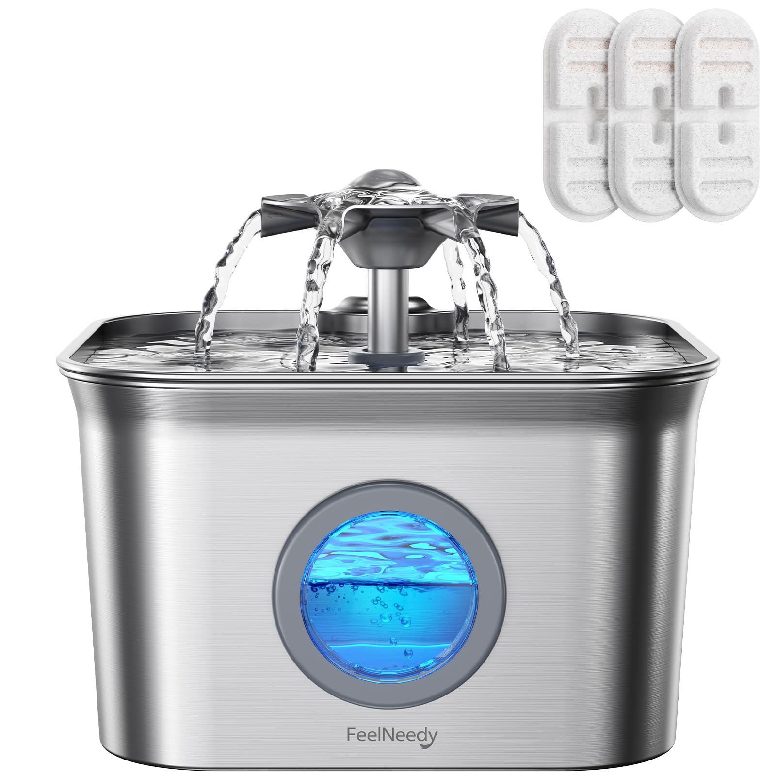 FEELNEEDY 2.8L Katzenbrunnen Edelstahl – Ultraleise Trinkbrunnen mit 4-Stufen-Filtersystem