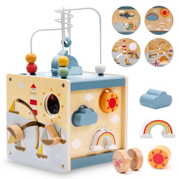 Zaxiva Motorikwürfel aus Holz – 6-in-1 Activity Spielzeug ab 1 Jahr für Kleinkinder