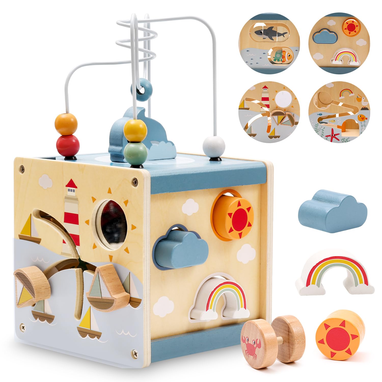 Zaxiva Motorikwürfel aus Holz – 6-in-1 Activity Spielzeug ab 1 Jahr für Kleinkinder