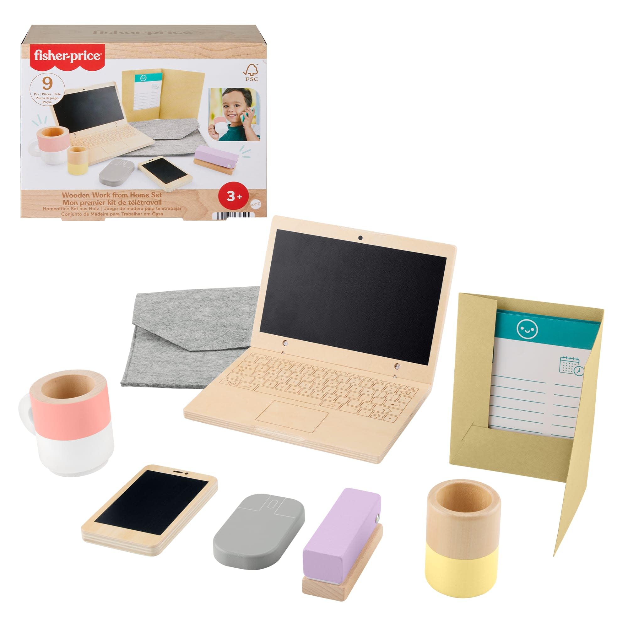 Fisher-Price Holz Homeoffice-Spielset – 9 Teile Büro Rollenspiel ab 3 Jahren