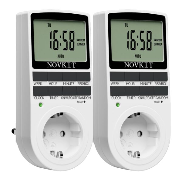 2x NOVKIT Digitale Zeitschaltuhr – 10 Programme & Zufallsfunktion für Heimautomation (230V/16A)