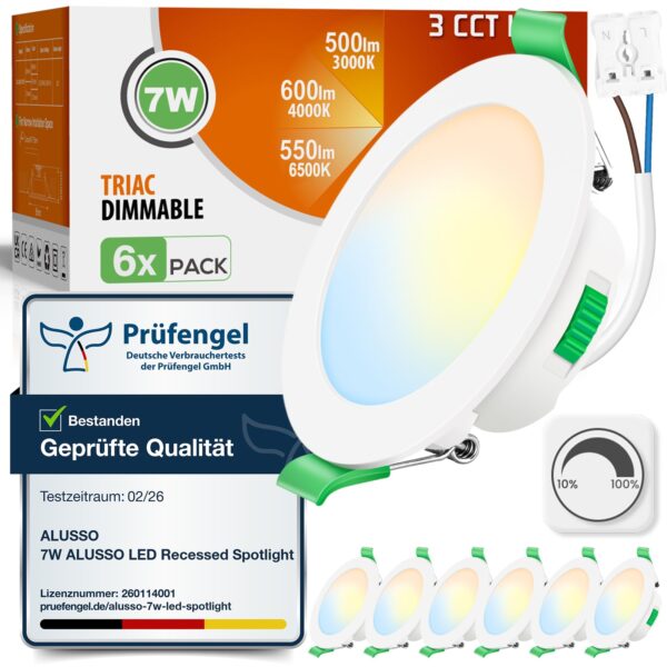 ALUSSO LED Einbaustrahler 7W 230V dimmbar – 3 Farbtemperaturen, IP44, 6er Set