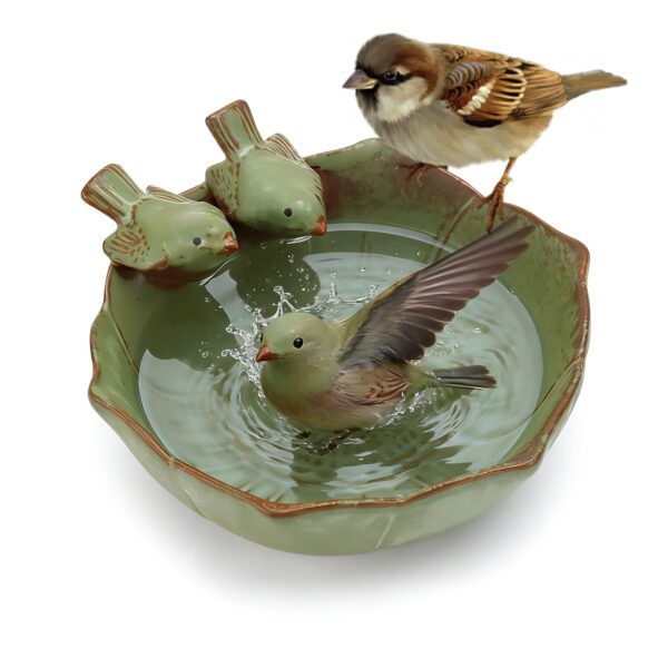 Vogeltränke Keramik 15x15cm mit 2 Dekovögeln – Winterfest für Balkon & Garten