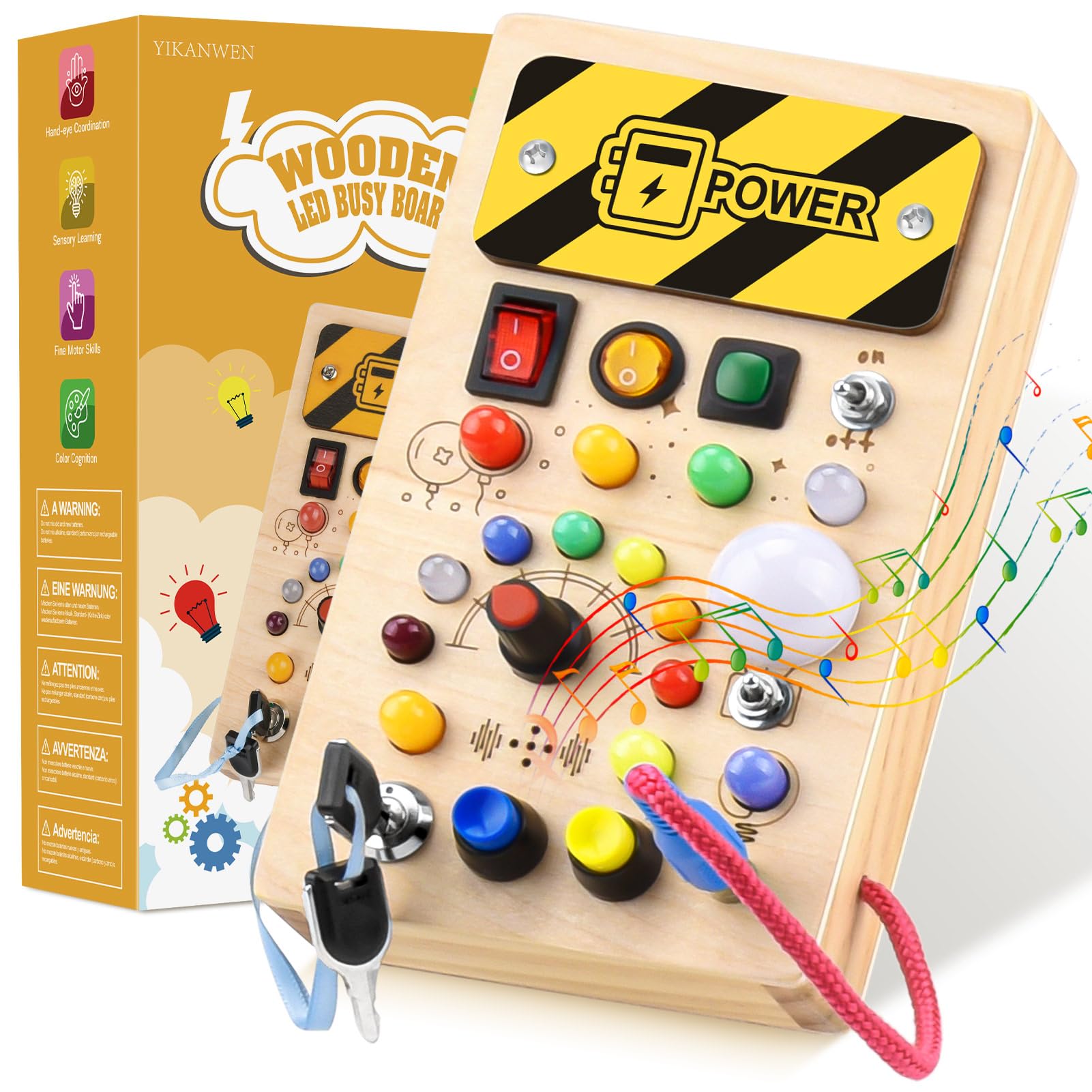YIKANWEN Montessori Holz Busy Board mit 10 LED-Schaltern & Musikfunktion – Motorik-Spielzeug für Kinder ab 1 Jahr
