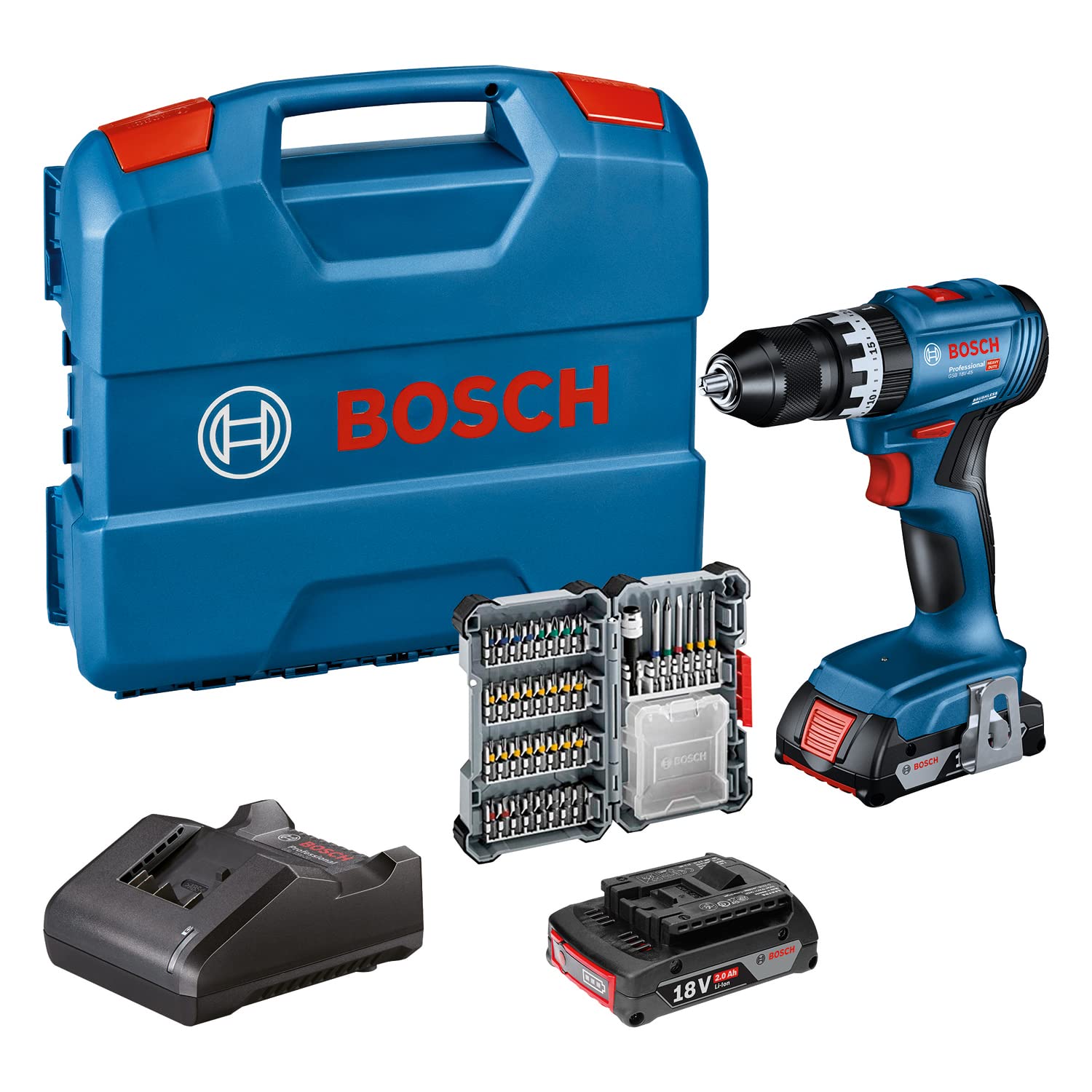 Bosch Professional GSB 18V-45 Akku-Schlagbohrschrauber – 45 Nm Drehmoment mit 2x 2.0Ah Akku
