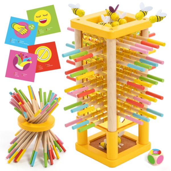 Nene Toys BeeFall Bienen-Geschicklichkeitsspiel – Holzturm mit 4 Spielvarianten für Kinder ab 3 Jahren